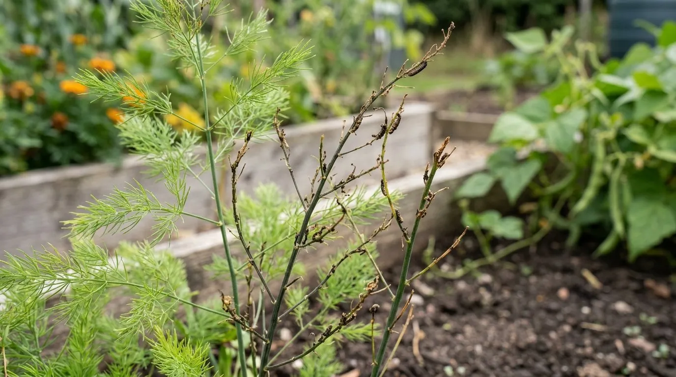 Asparagus beetle damage showing stripped and browned fern foliage on asparagus stems in a UK vegetable plot