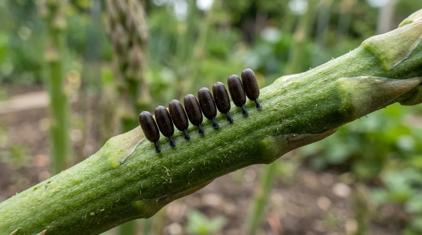 Macro close-up of asparagus beetle eggs laid end-on along a green asparagus spear