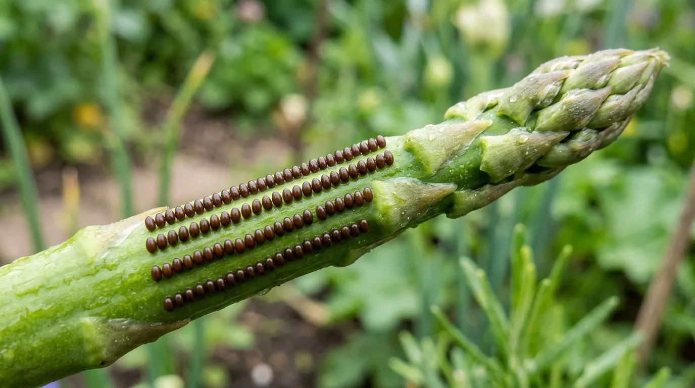 Asparagus beetle eggs laid in dark brown rows along a fresh green asparagus spear, extreme close-up