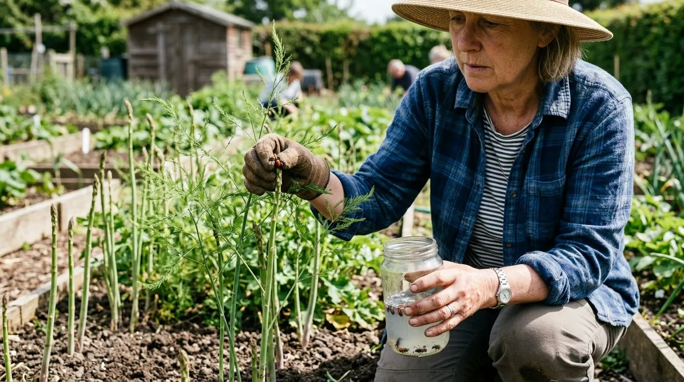 UK gardener hand-picking adult asparagus beetles into a jar of soapy water