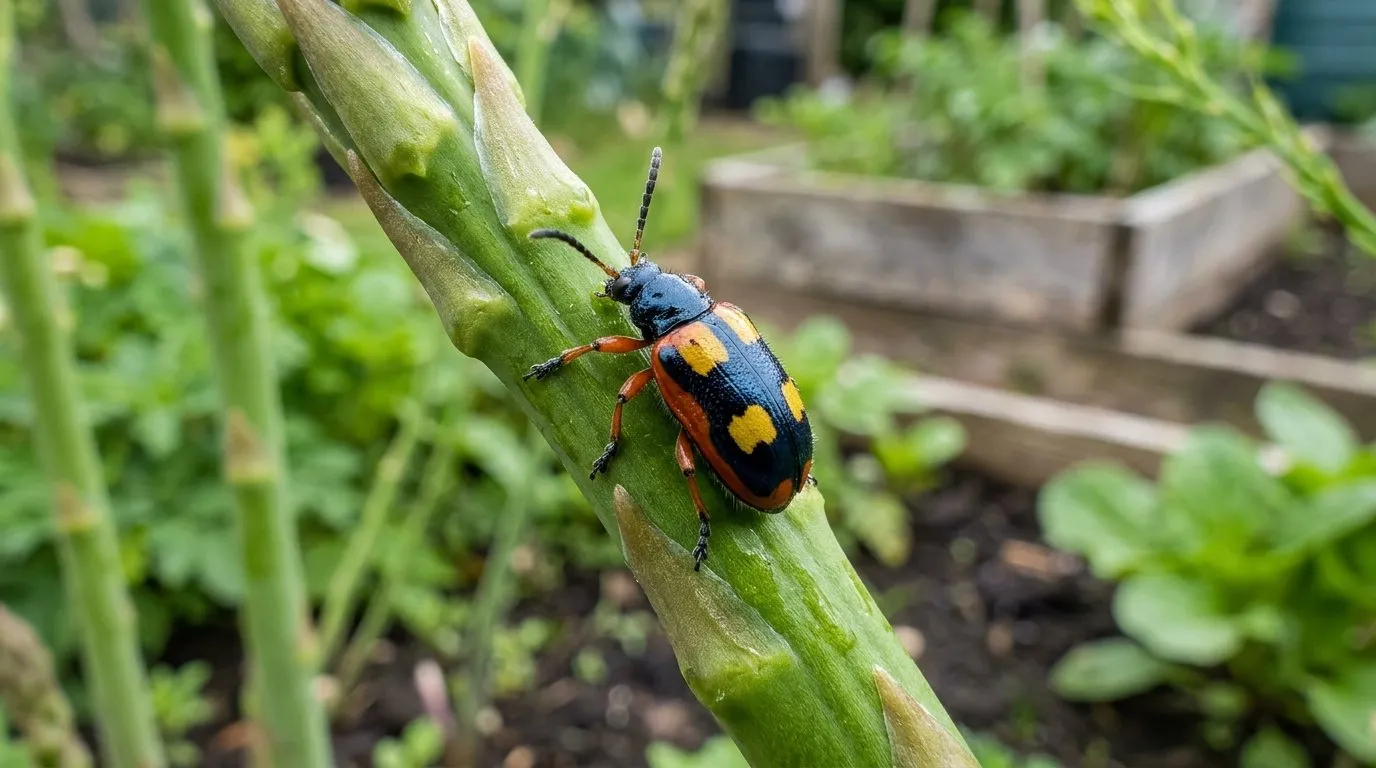 Asparagus beetle UK adult on green spear showing yellow squares on dark blue back