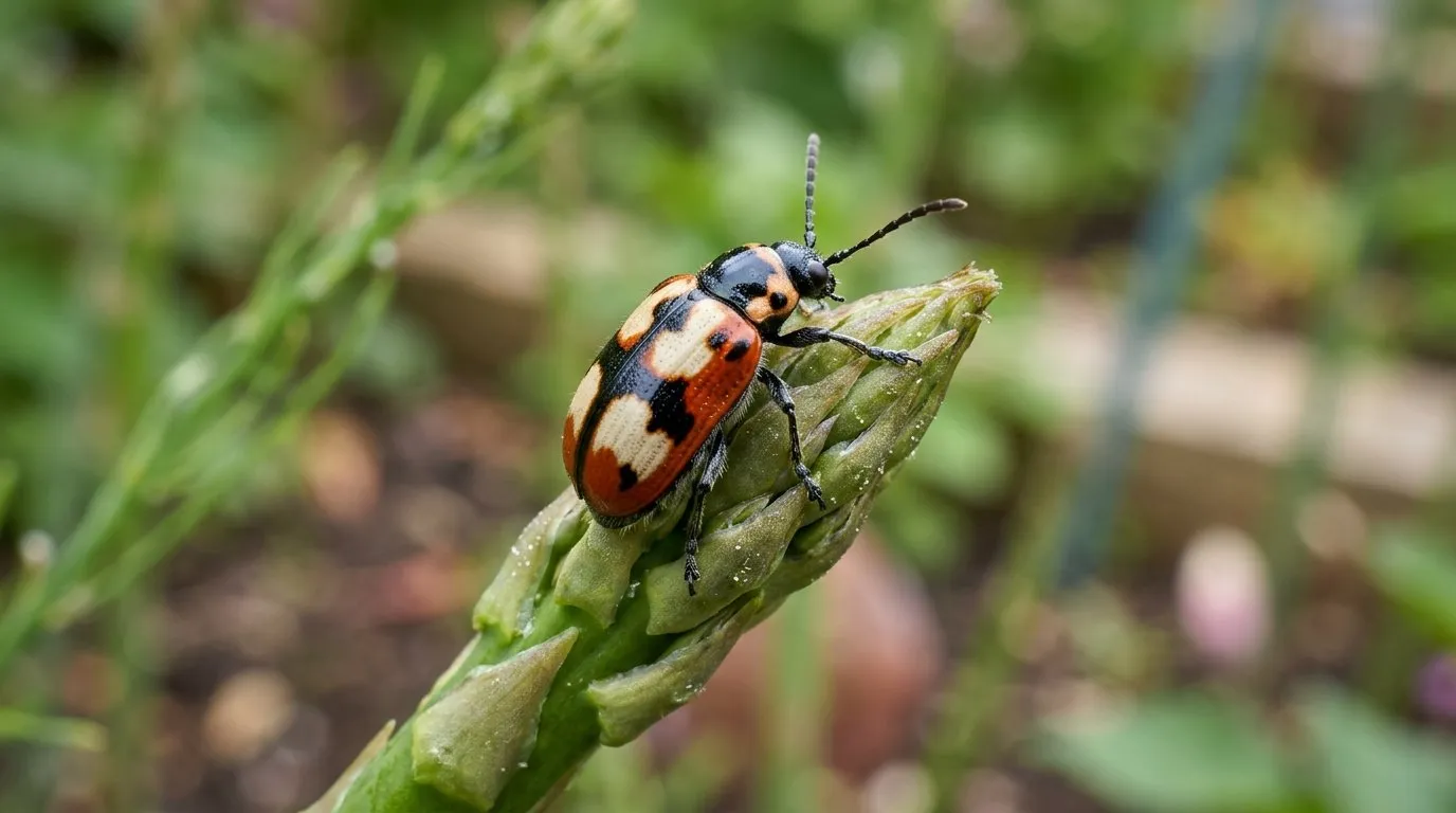 Asparagus beetle with cream and black markings on a green asparagus spear in a UK vegetable garden