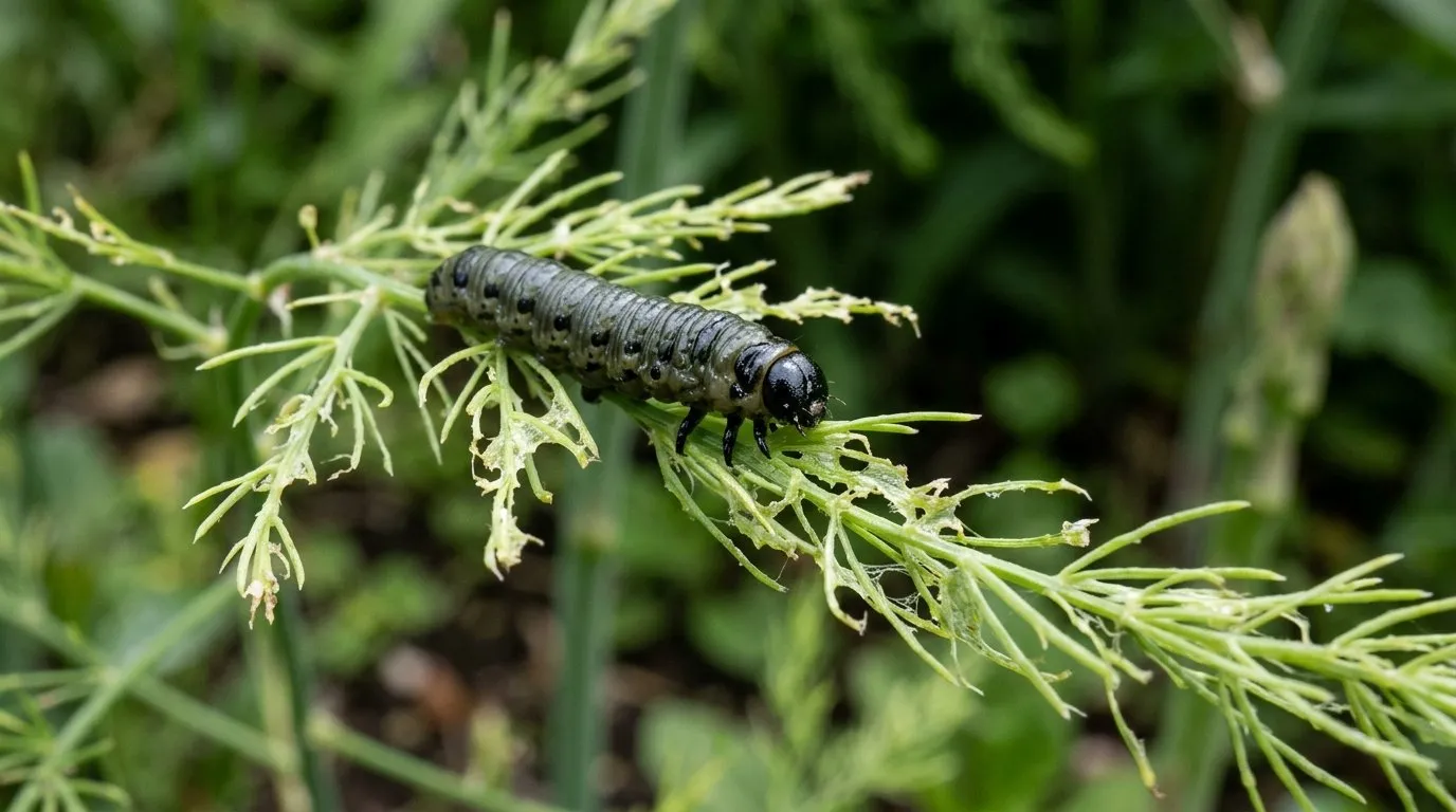 Asparagus beetle larva on a green fern stem showing dark grey-green slug-like body