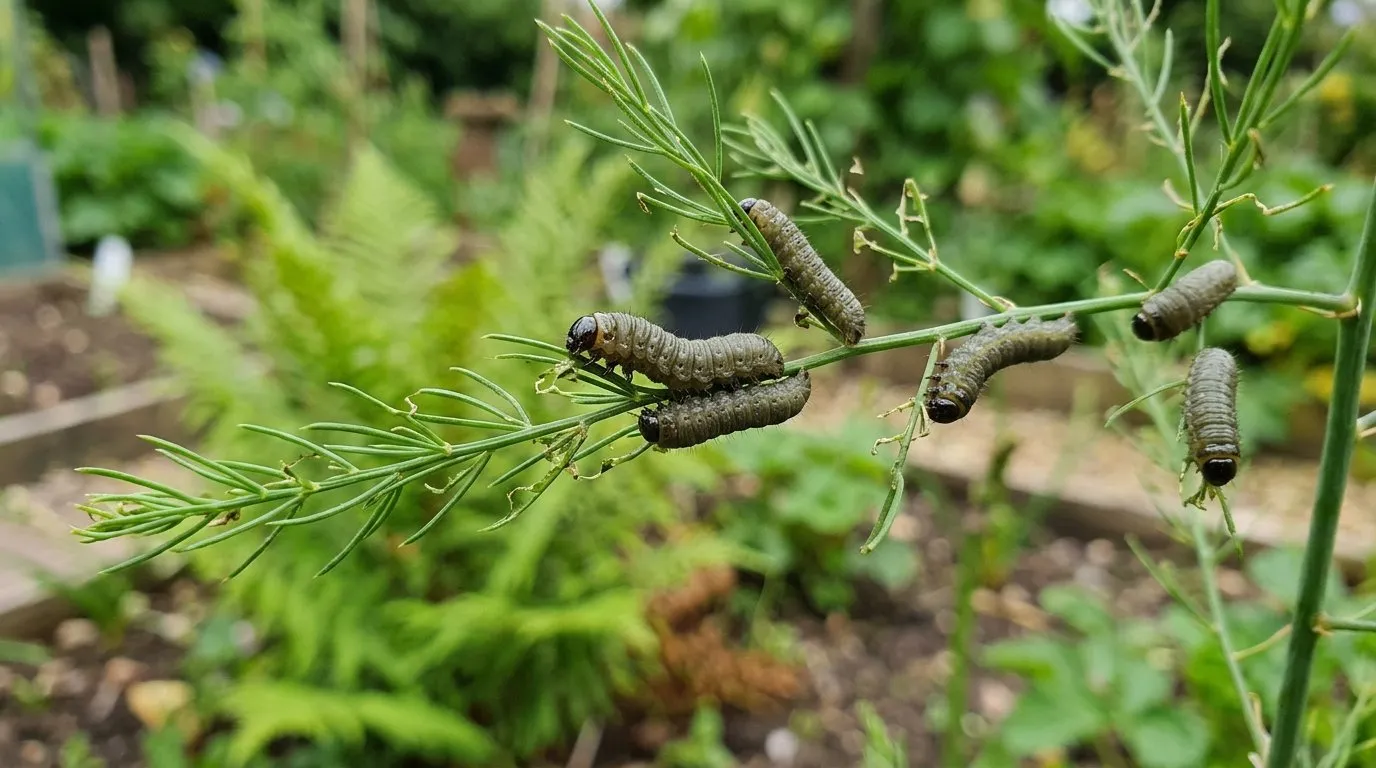 Asparagus beetle larvae feeding on asparagus fern in a UK allotment, grey-olive grubs with dark heads