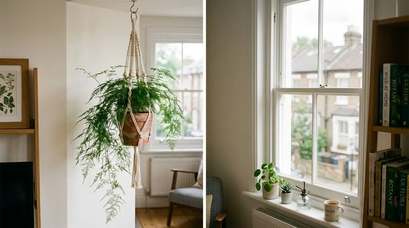 Asparagus fern in a hanging macrame planter near a bright window in a modern UK flat