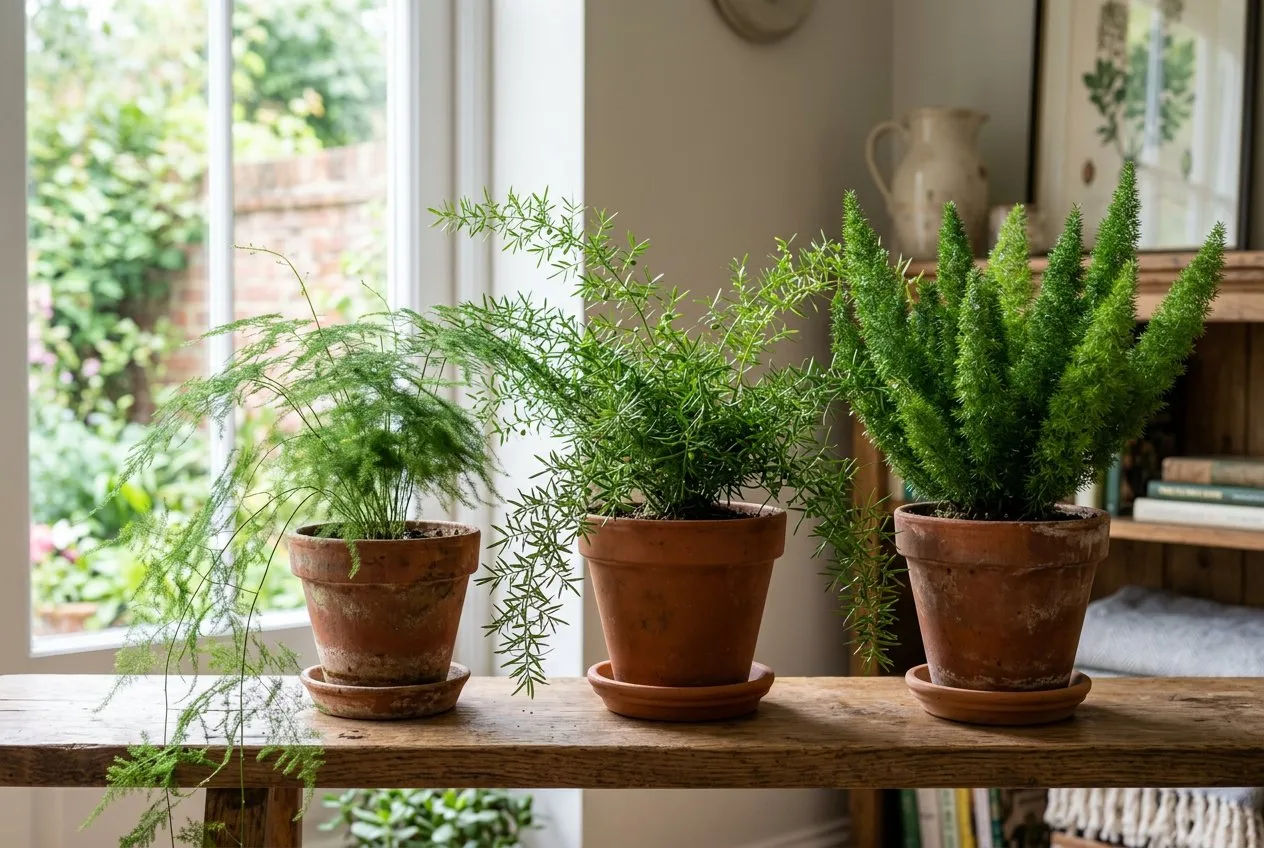 Three asparagus fern varieties compared side by side — setaceus, Sprengeri, and Myers foxtail fern in terracotta pots