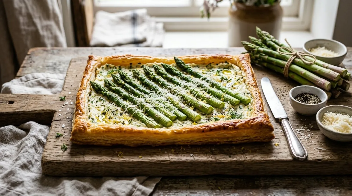 British asparagus tart on a wooden board with golden puff pastry green asparagus spears Parmesan and ricotta filling, fresh asparagus bunch nearby