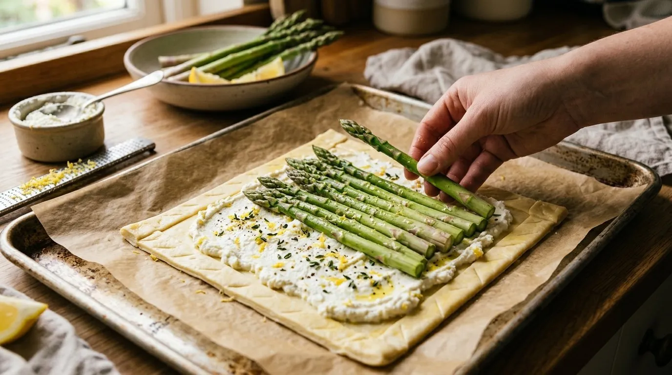 Fresh British asparagus spears being arranged on golden puff pastry with ricotta cheese and lemon zest before baking