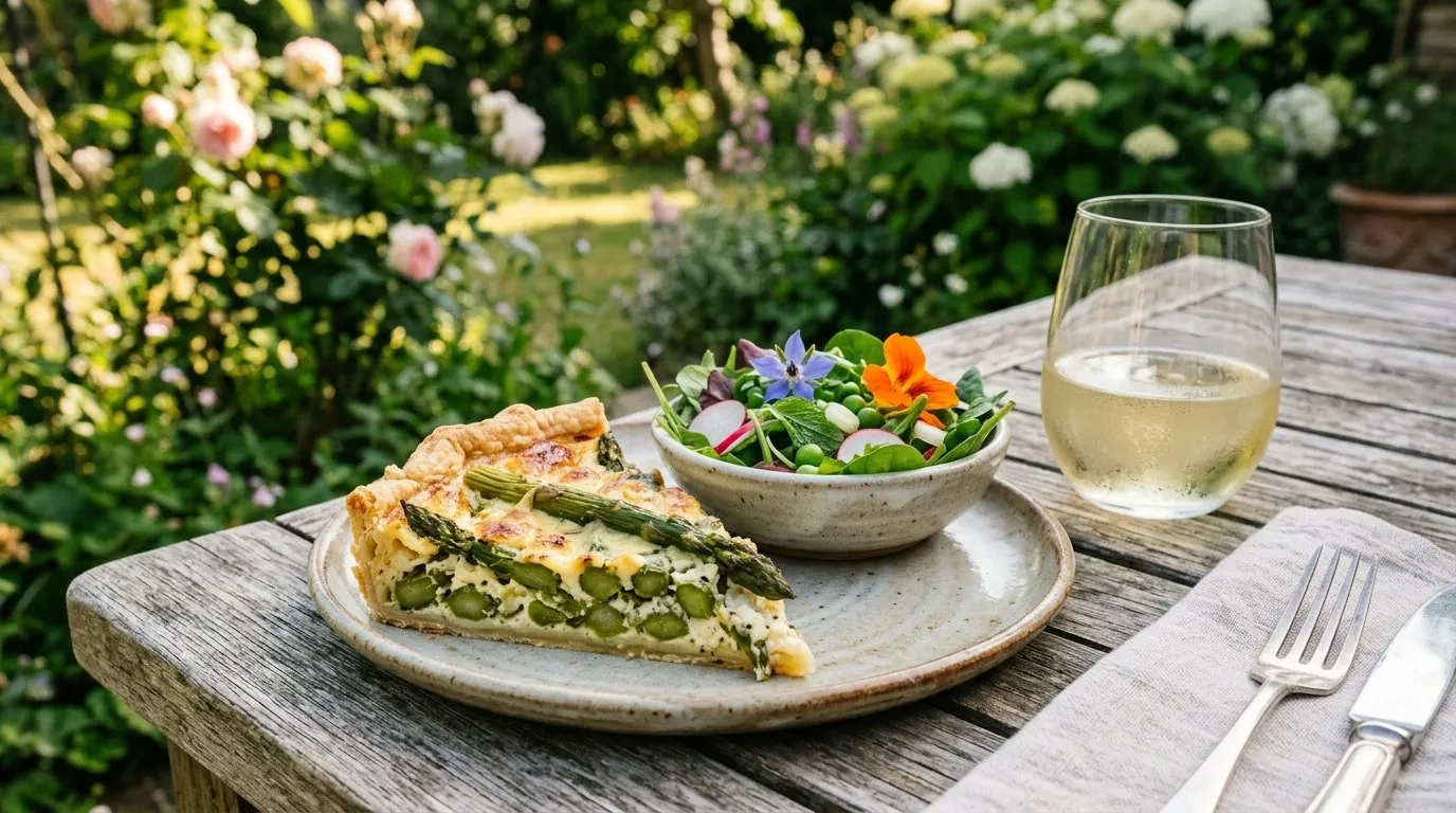 Slice of UK asparagus tart on a ceramic plate with a green salad and a glass of white wine on a summer outdoor table