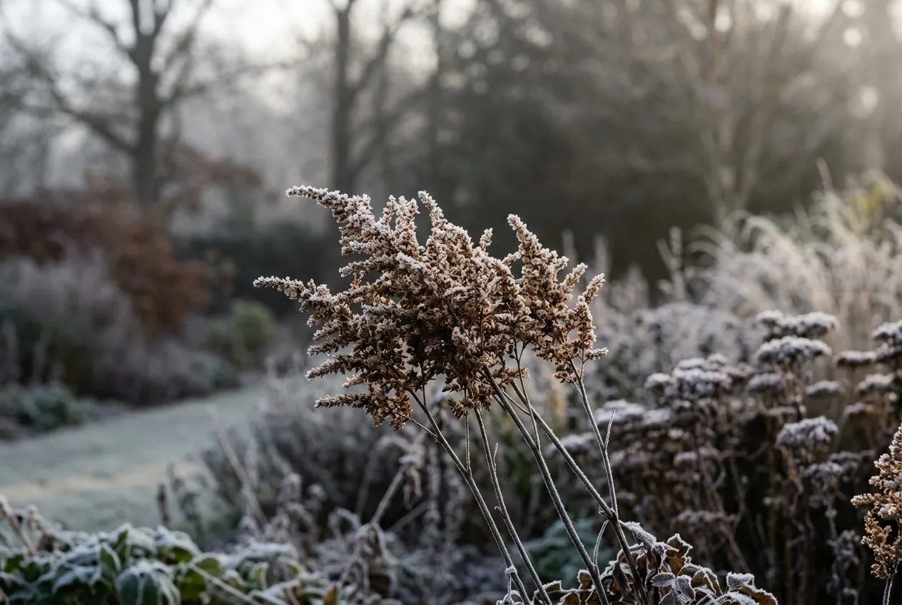 Dried astilbe seedheads covered in frost providing structural winter interest in a UK garden