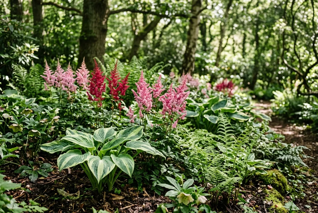 Astilbe growing in a shady border with hostas and ferns in a UK woodland garden