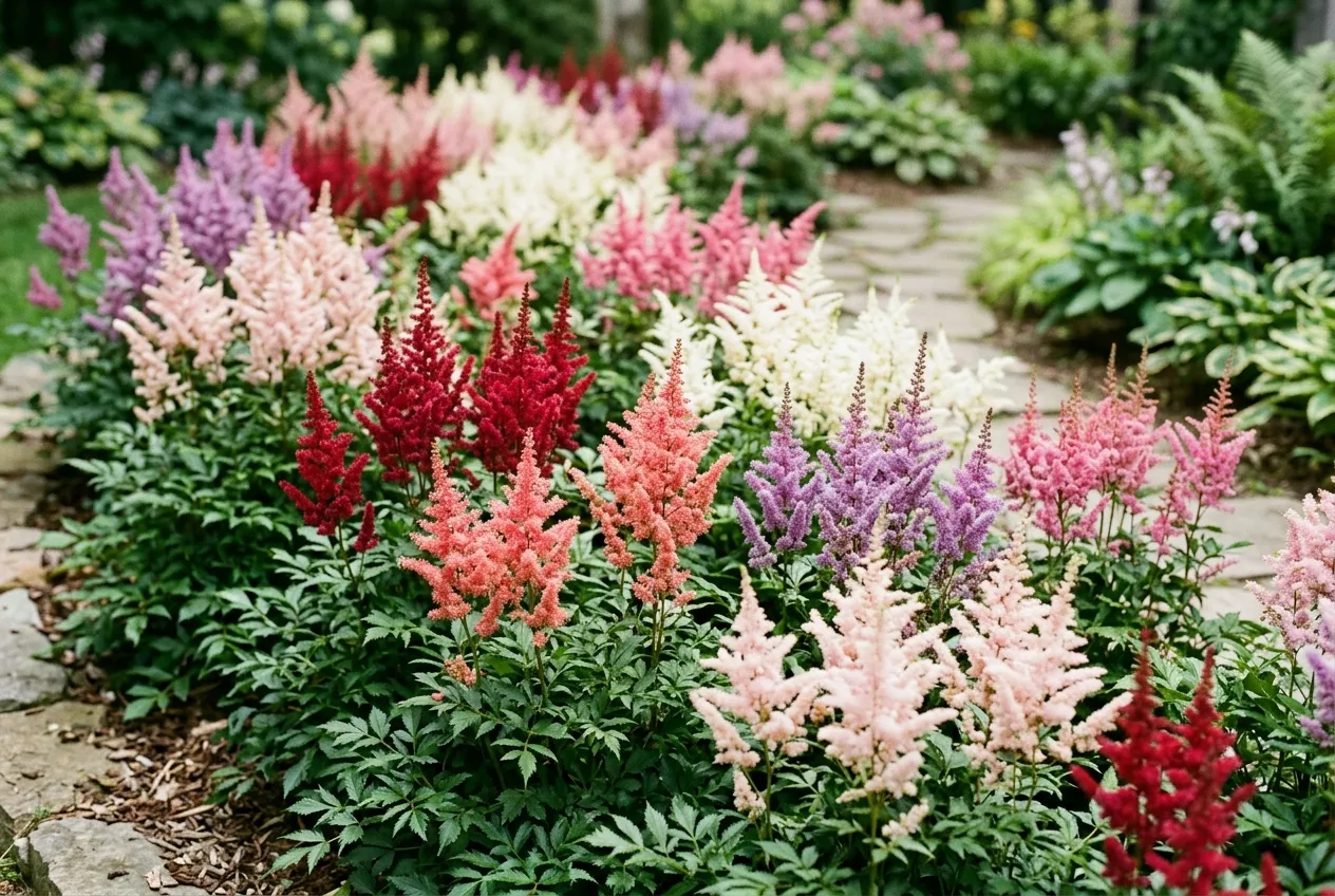 Astilbe varieties showing range of plume colours from deep crimson to pale pink and white