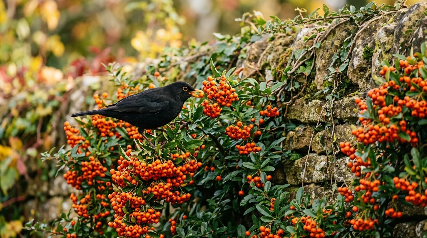Pyracantha covered in bright orange berries against a garden wall with a blackbird feeding on the fruit