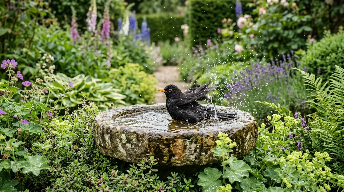 Stone bird bath in an English garden with a blackbird bathing, water splashing, surrounded by low planting