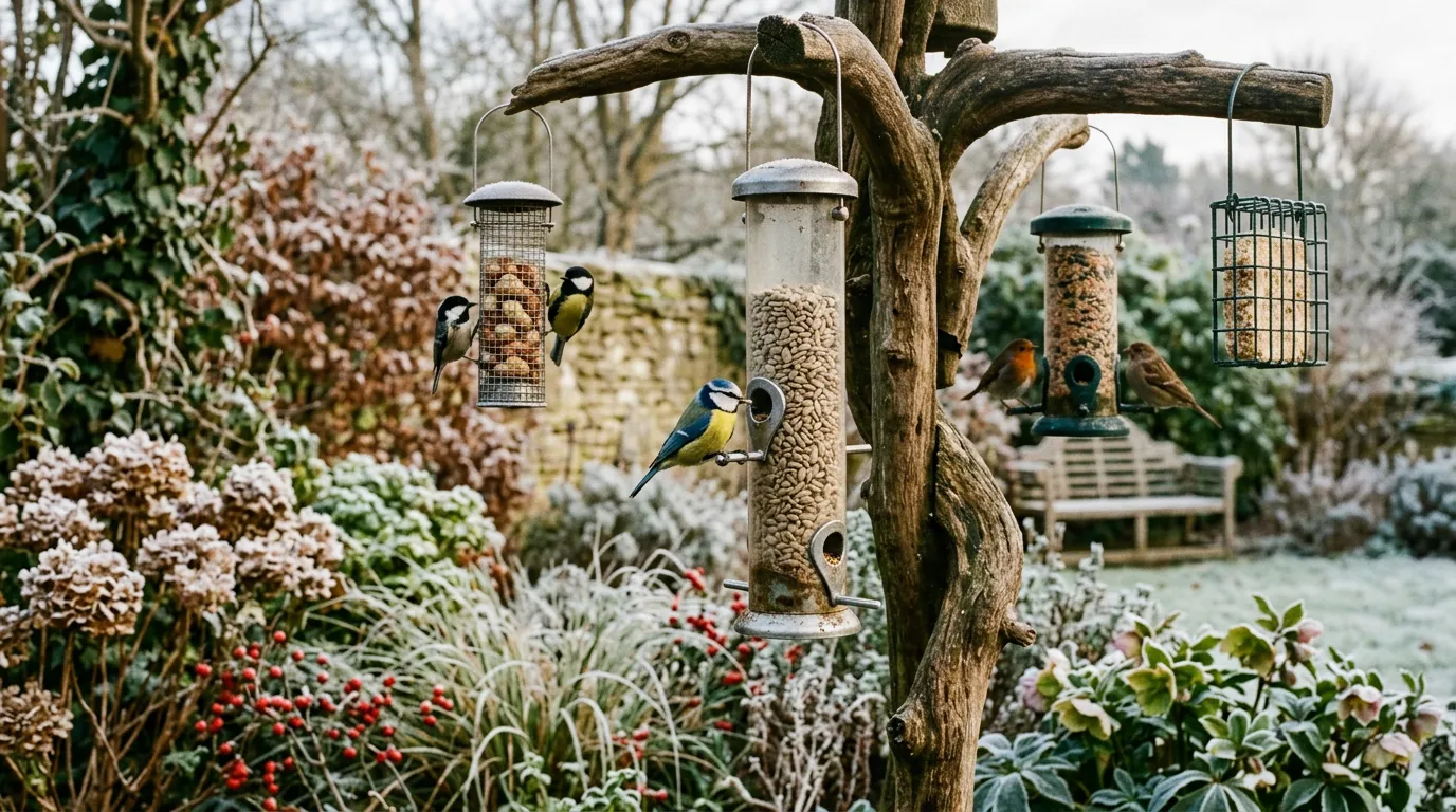 Bird feeding station with multiple feeders in an English garden with a blue tit on a sunflower heart feeder