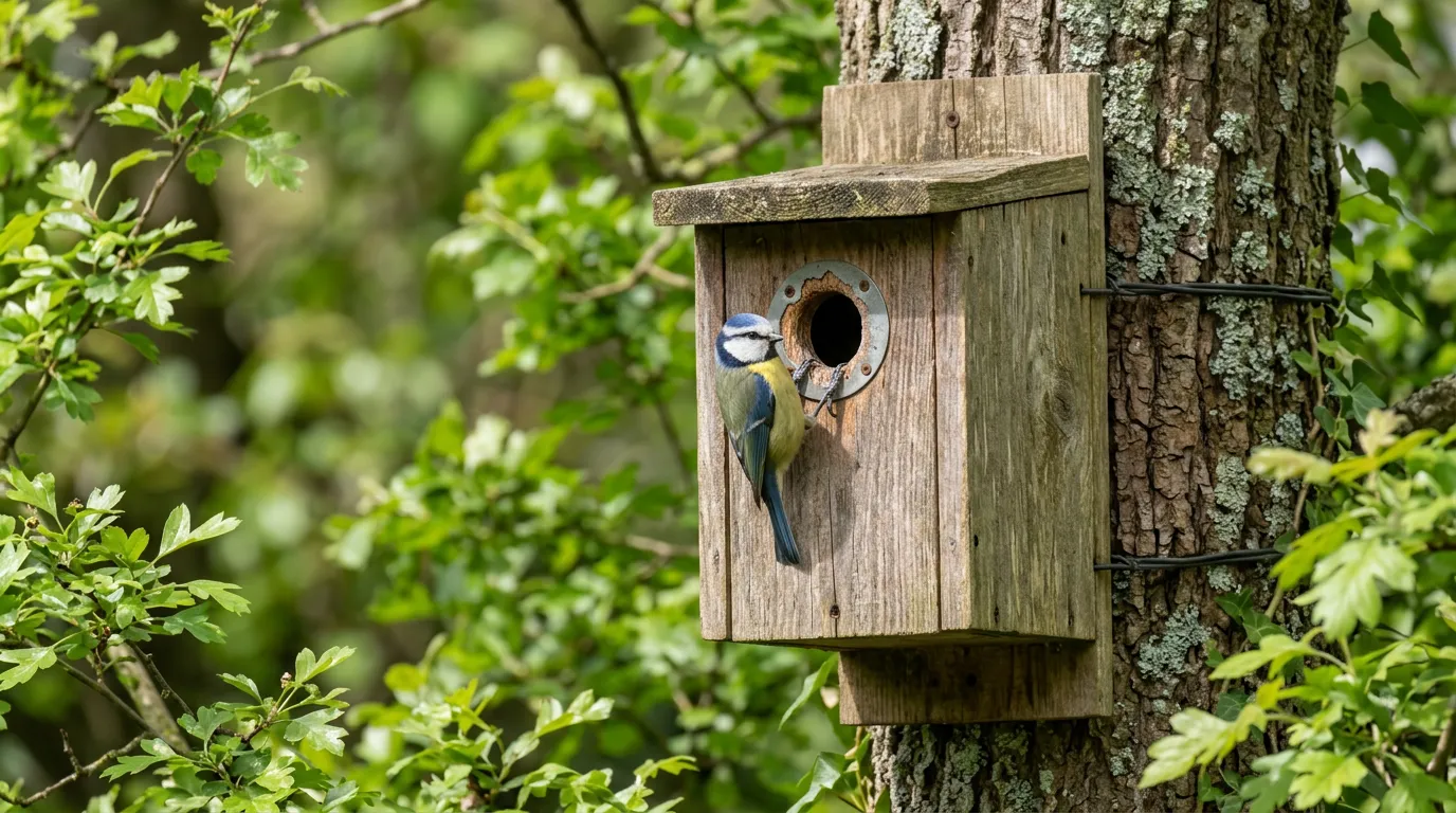 Wooden nest box mounted on a garden tree with a blue tit perched at the entrance hole