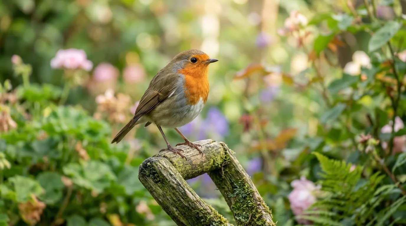 European robin with an orange-red breast perched on a spade handle in a UK garden border, ready to attract robins to freshly dug soil