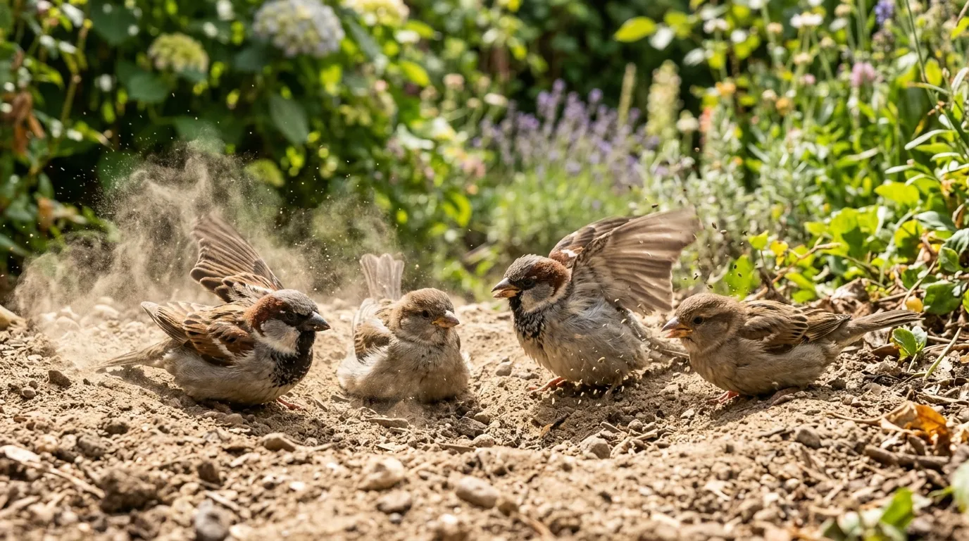 House sparrows dust bathing in a shallow pit of dry sandy soil in a sunny UK garden corner