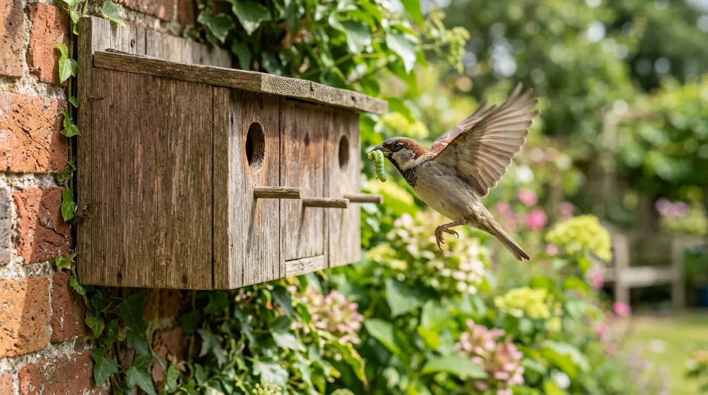 House sparrow carrying a green caterpillar towards a wooden nest box on a UK garden wall