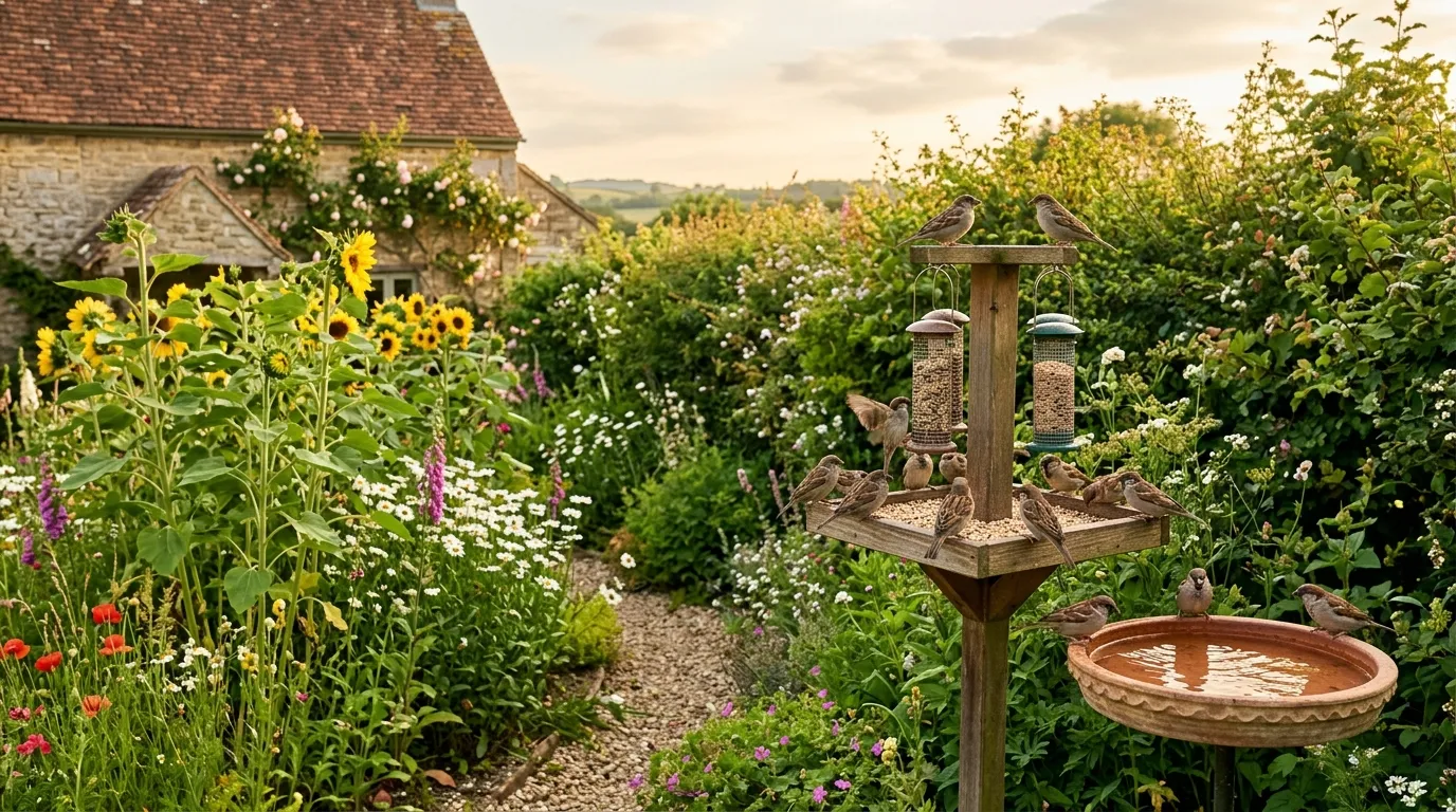 Wide UK garden view with sunflowers, native hedge, water dish and visible house sparrows feeding