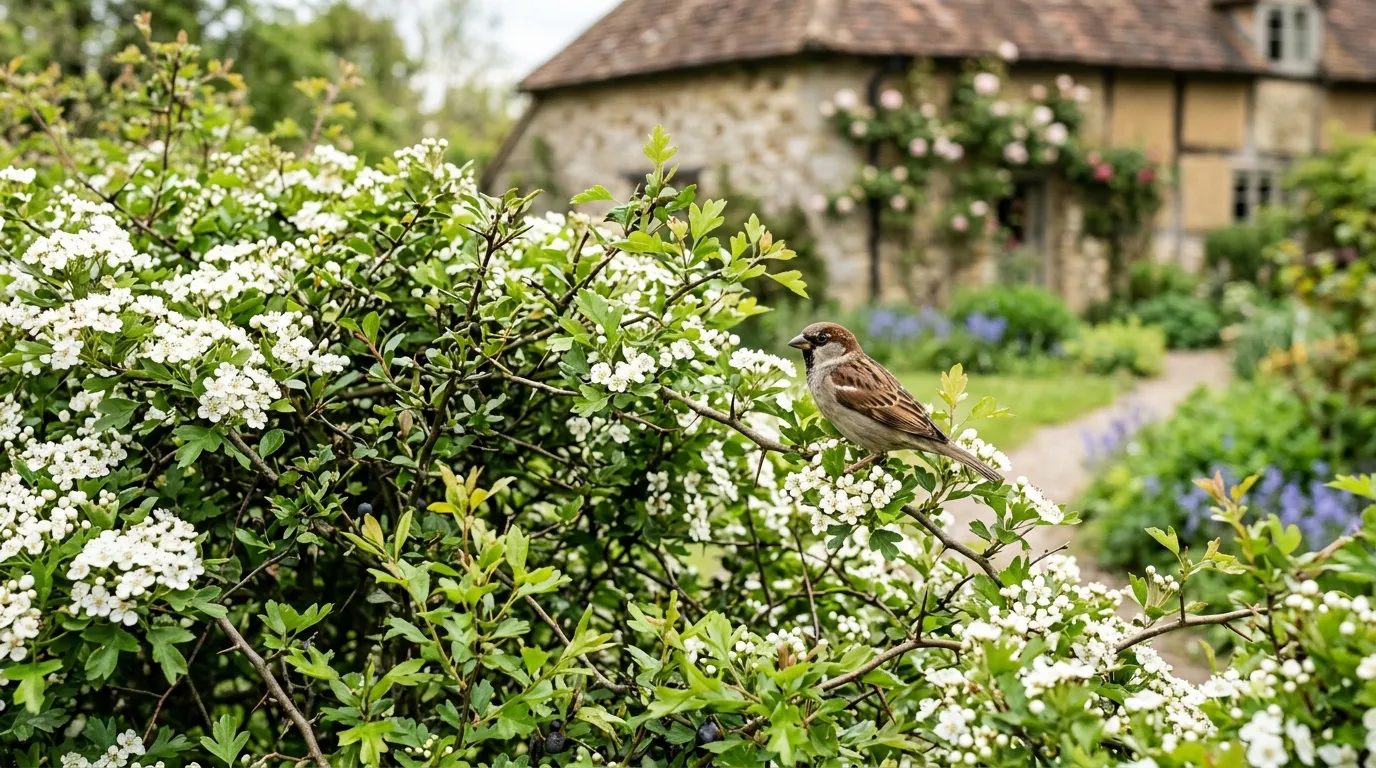 Mixed native hedge of hawthorn and blackthorn in a UK garden with a house sparrow perched in the foliage