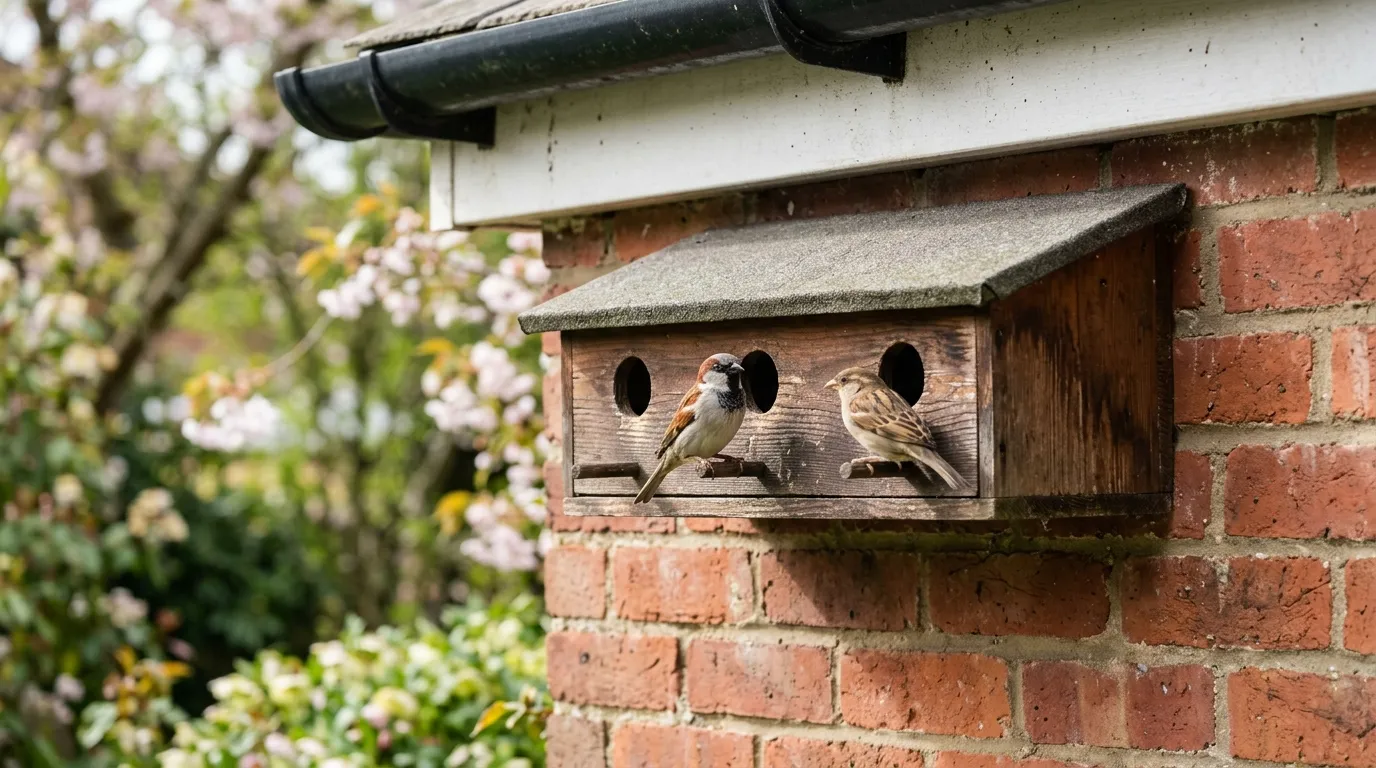 Wooden three-hole sparrow terrace nest box under the eaves of a UK brick house with two sparrows at the entrance holes