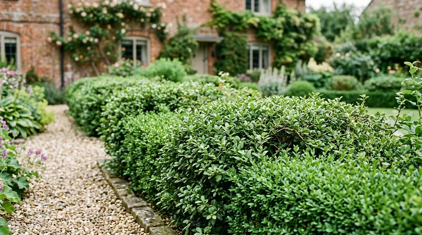Dense low pittosporum and box hedging under one metre in a UK town garden showing the layered foliage wrens need