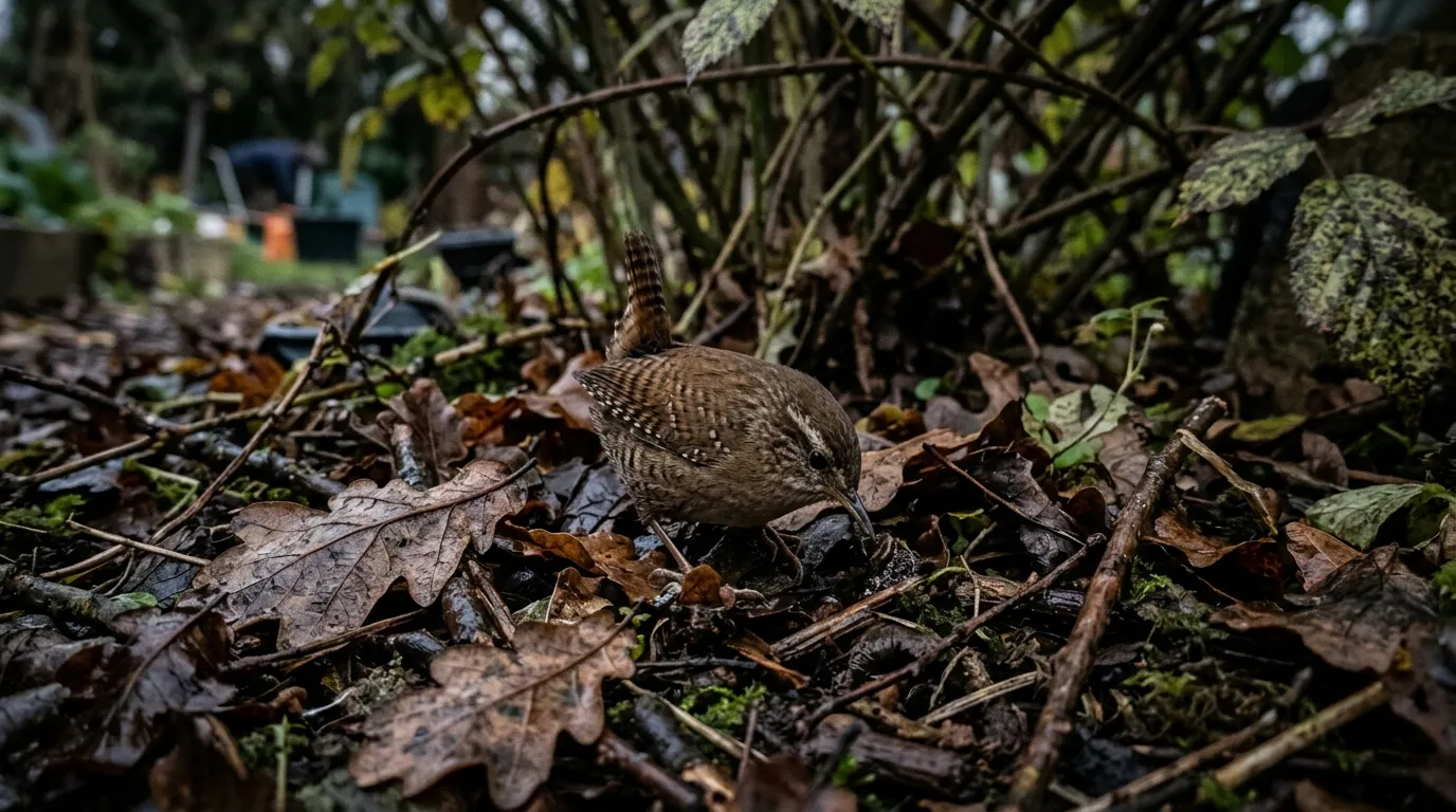 Eurasian wren foraging in damp leaf litter under a shrub in a UK garden probing for spiders and springtails