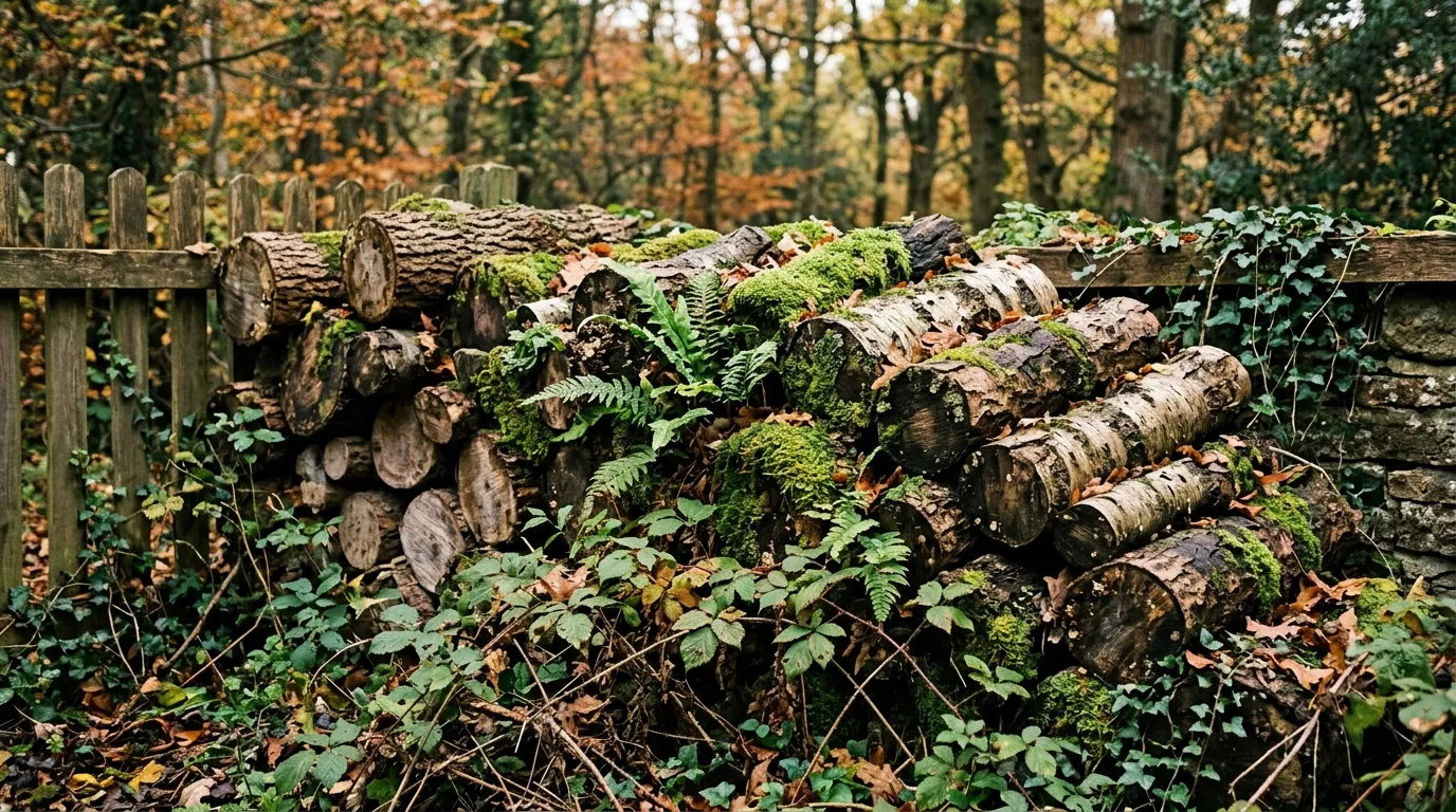 Real log pile habitat in the corner of a UK rural garden with stacked oak and birch logs, moss and ferns growing between them