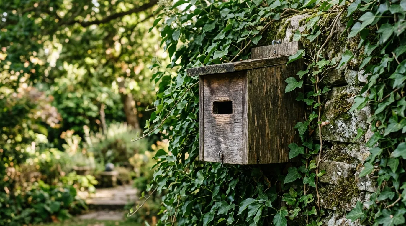 Wooden open-front nest box mounted on a stone wall covered with dense English ivy in a UK garden