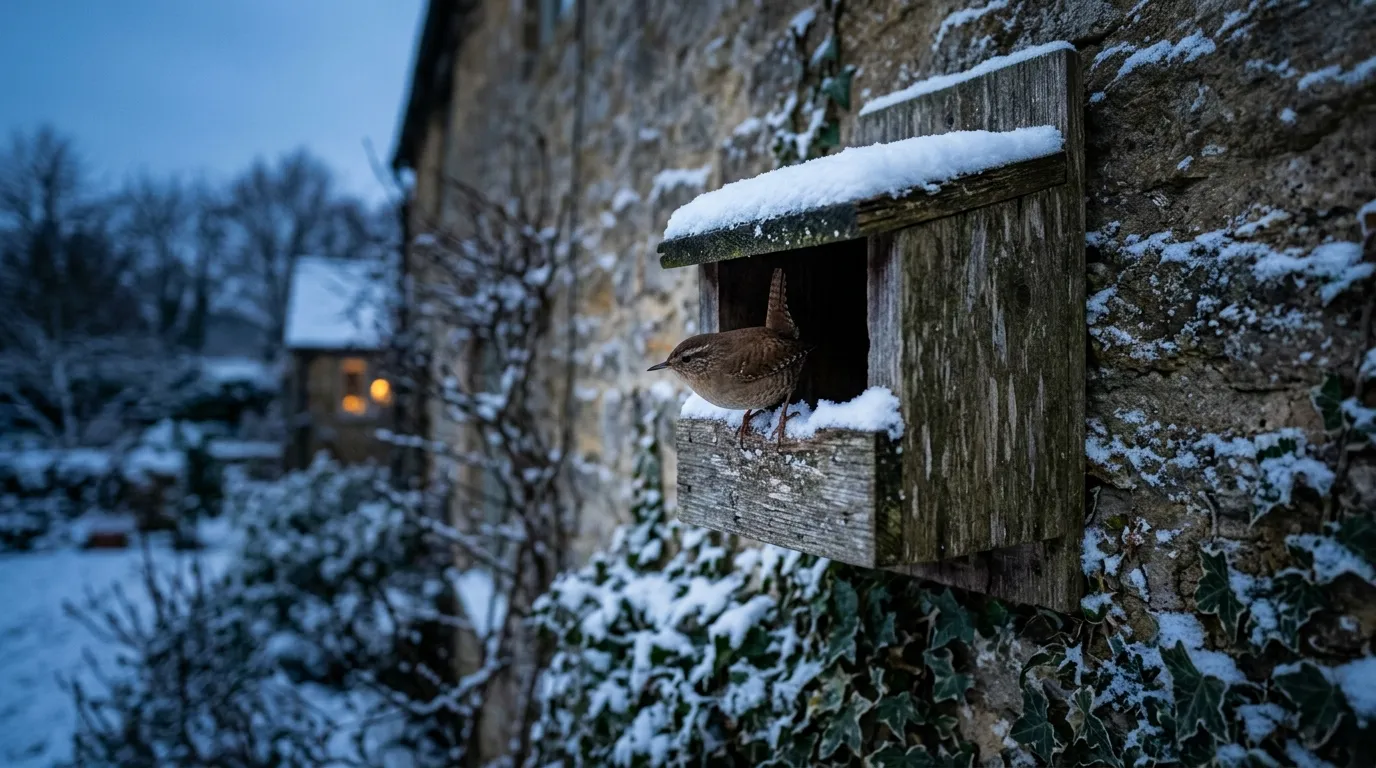 Open-front nest box on a UK cottage wall in winter with snow and a wren slipping inside at dusk