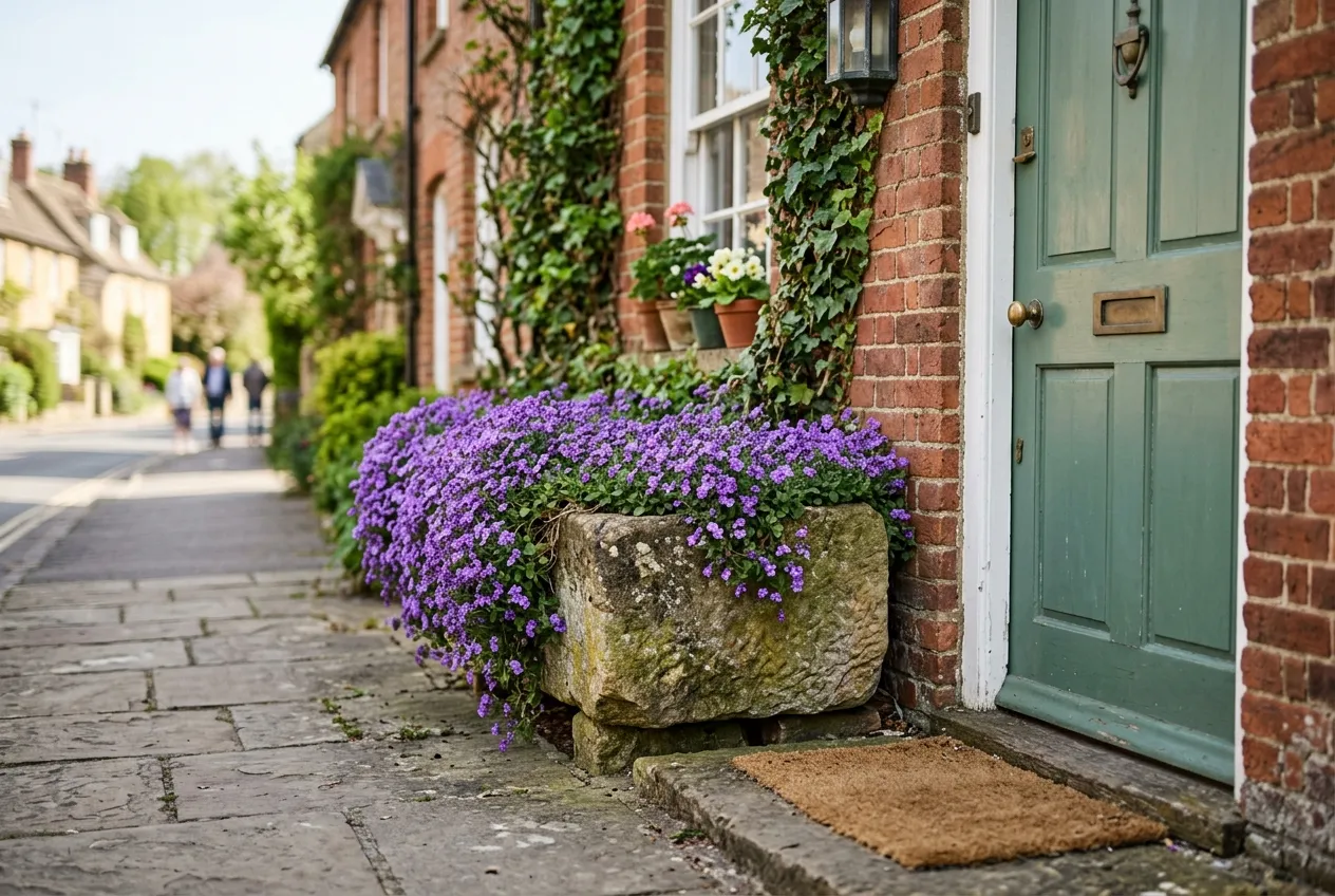 Aubretia growing in a stone trough container on a UK town house front doorstep with purple flowers cascading