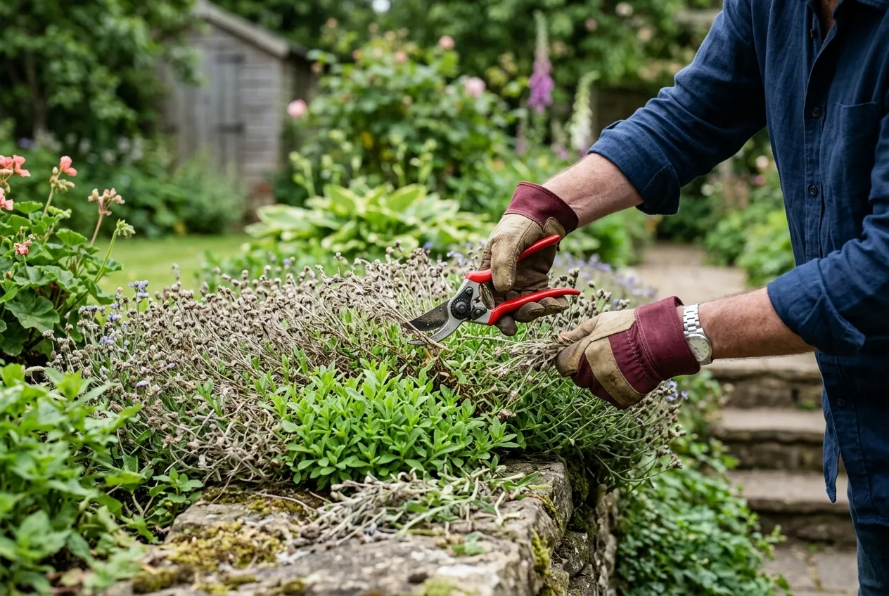 Hands trimming aubretia after flowering on a UK stone wall showing the pruning technique
