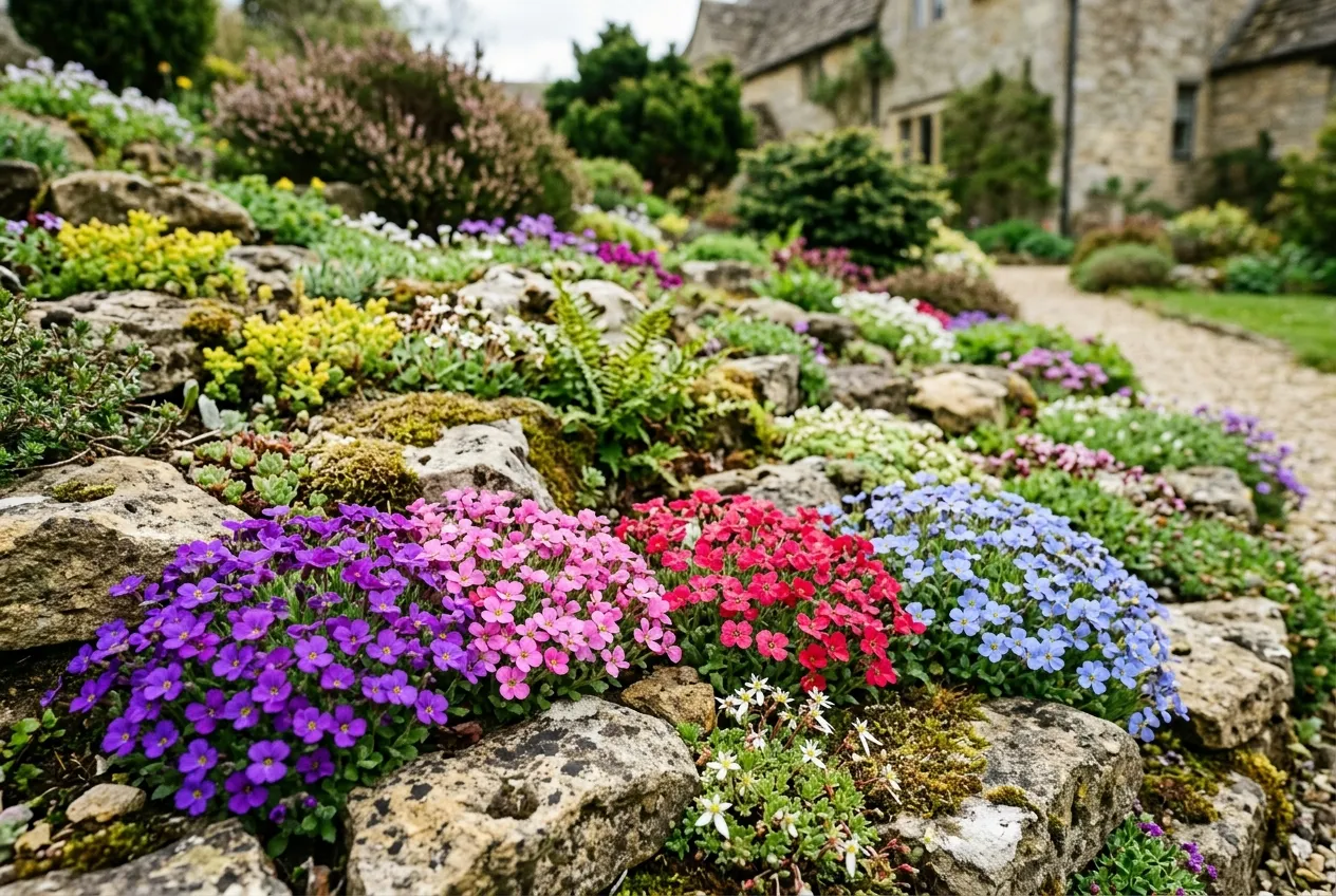 Aubretia varieties growing in a UK rockery showing purple pink red and blue flowers between stones