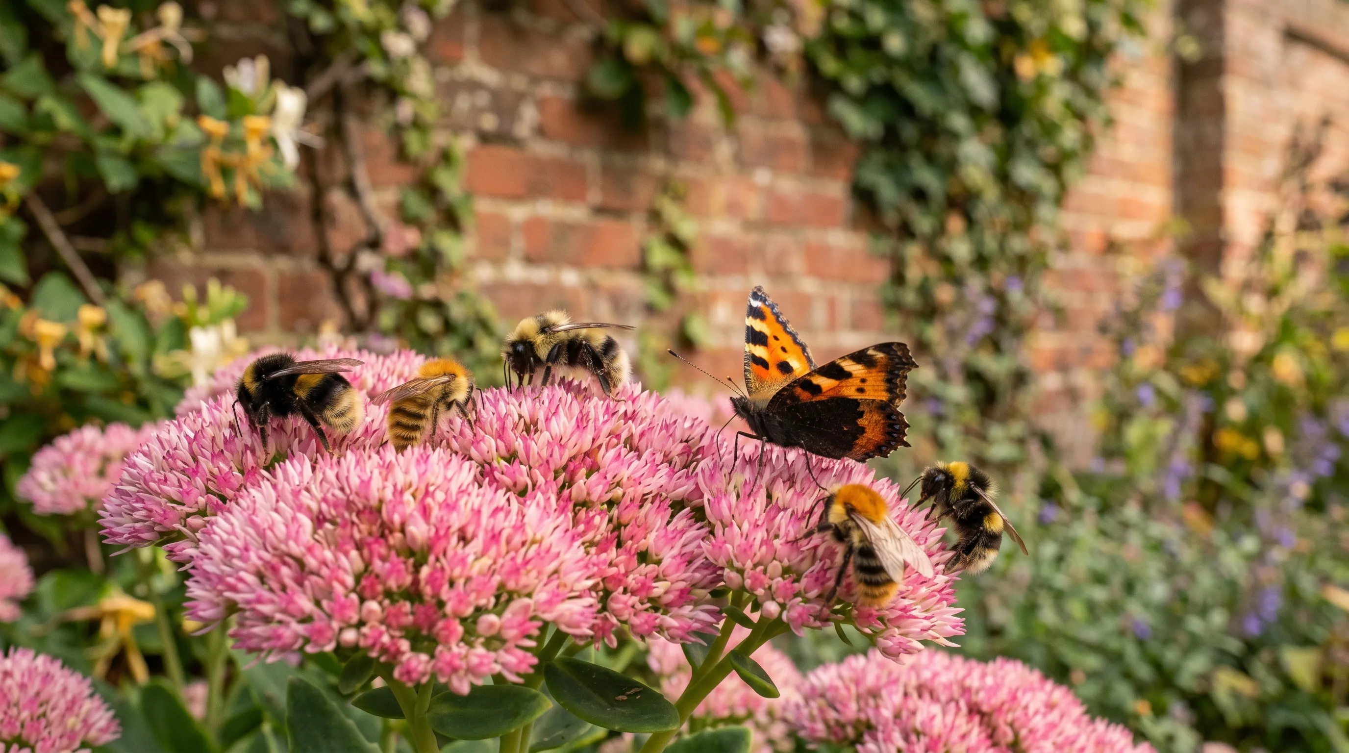 Buff-tailed bumblebees and a small tortoiseshell butterfly feeding together on a pink Autumn Joy sedum flower head in a UK garden
