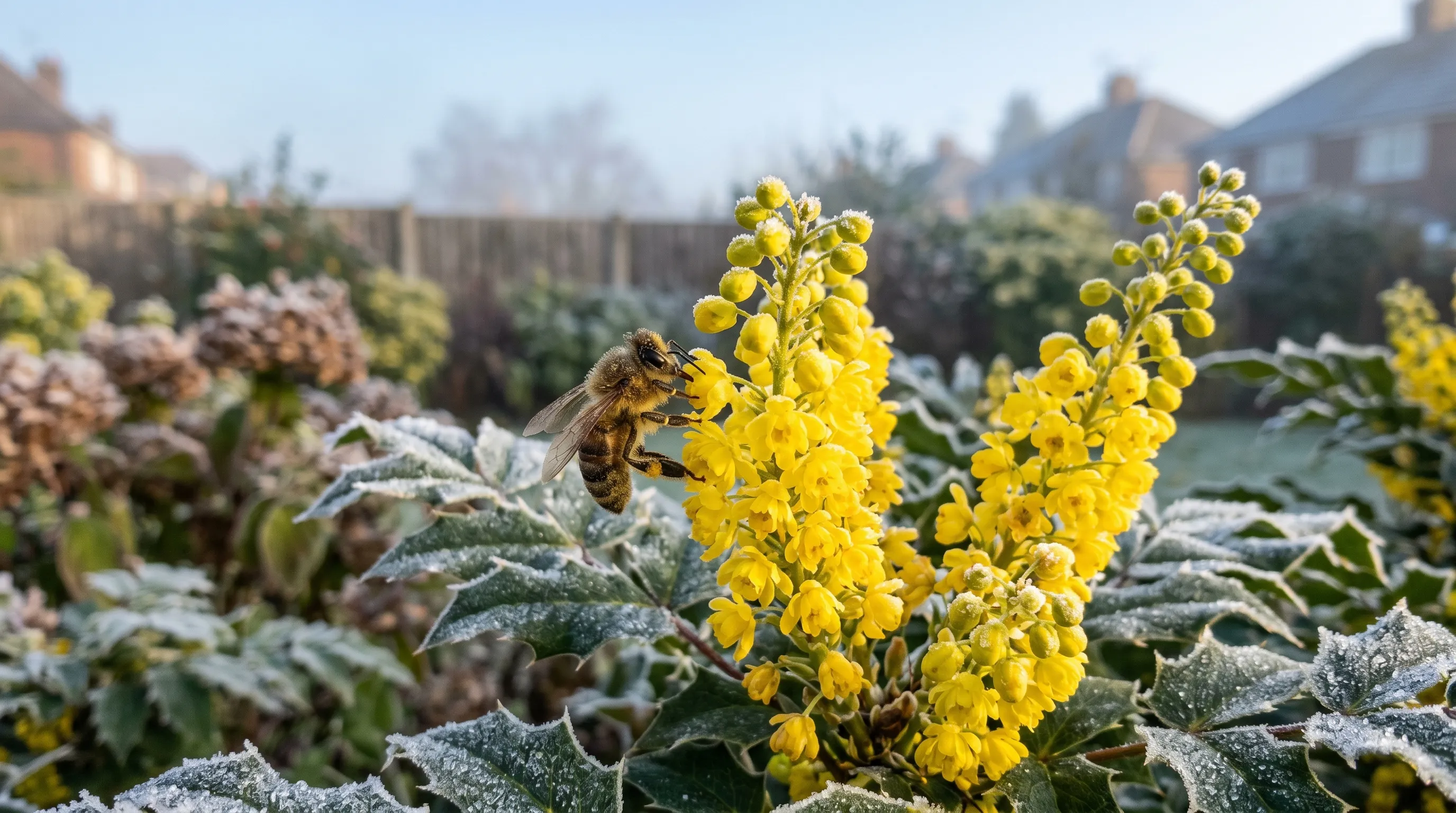 A honeybee feeding on the bright yellow flower spikes of a Mahonia x media shrub in a frosty city garden in late autumn