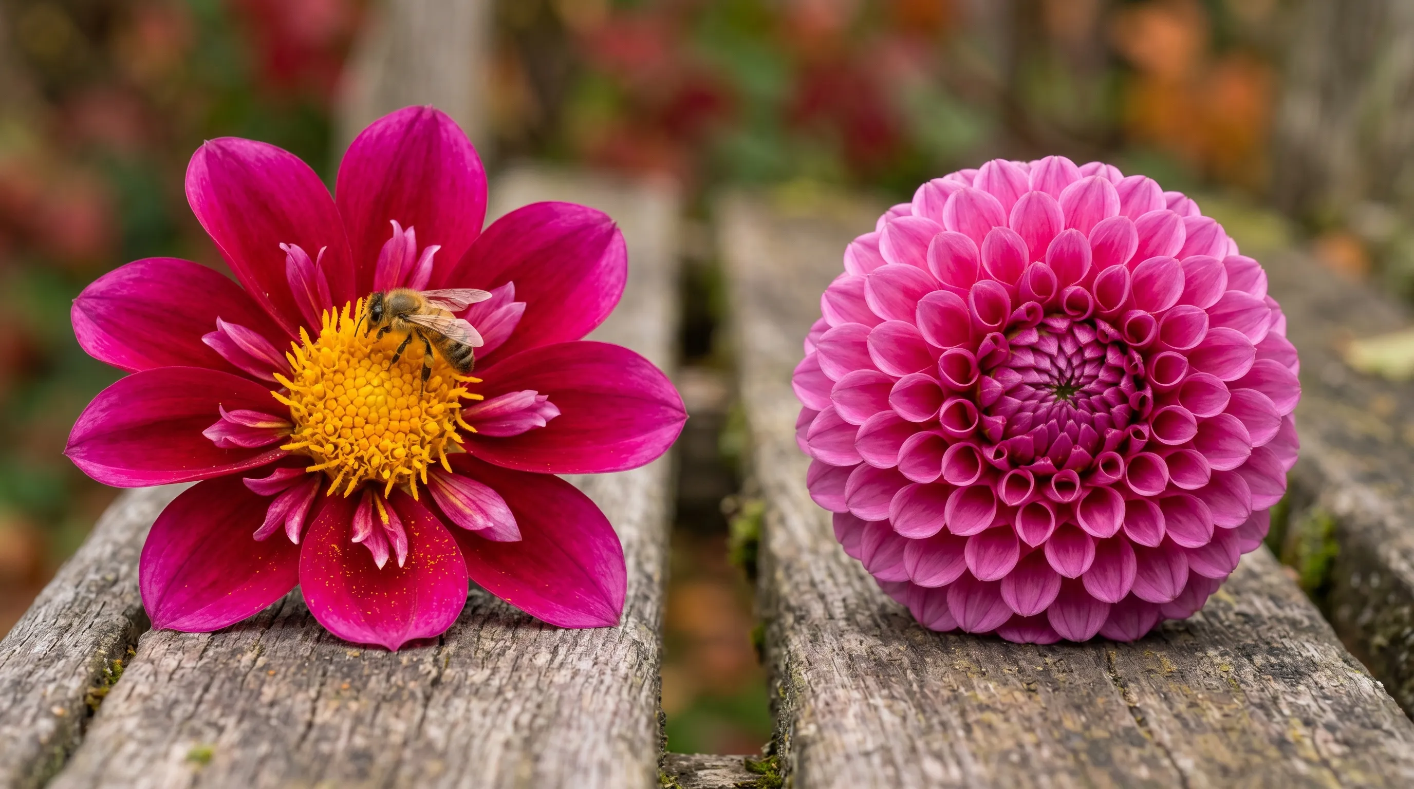 Diagnostic comparison of an open single dahlia with a visible pollen centre next to a tightly packed double pompon dahlia that bees cannot access