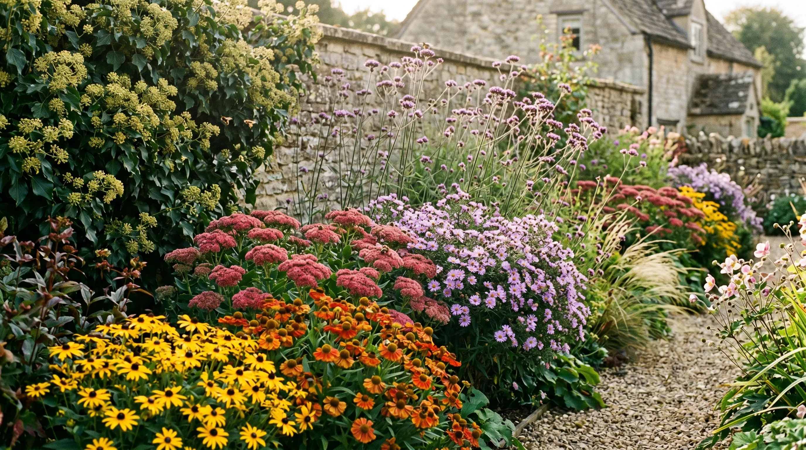 A UK garden border designed for autumn bee succession with tall verbena behind, sedum and asters in the middle, and rudbeckia at the front