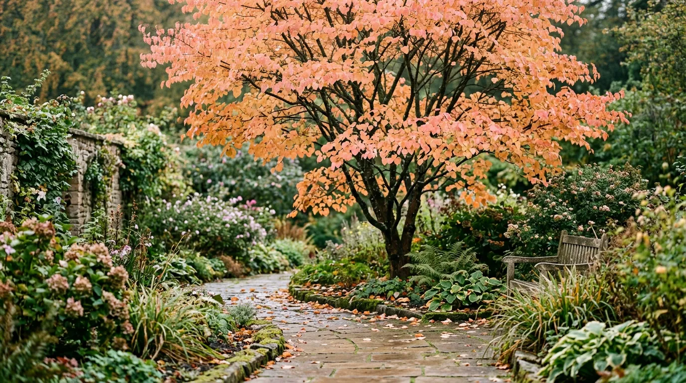 Best trees for autumn colour UK featuring a katsura tree with apricot-toned leaves in a sheltered British garden