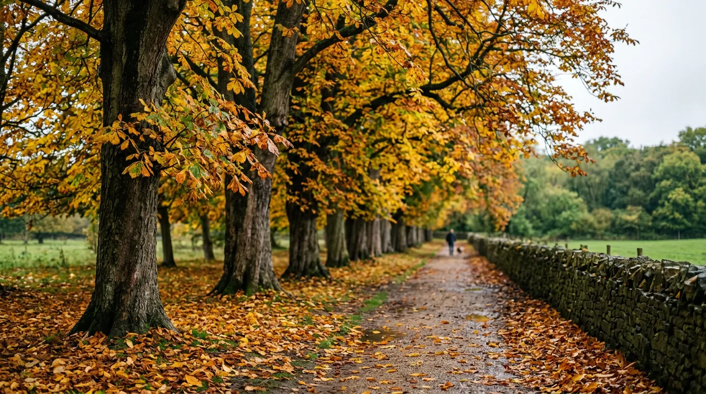 Best trees for autumn colour UK showing a row of mature deciduous trees in peak October colour along a British park boundary