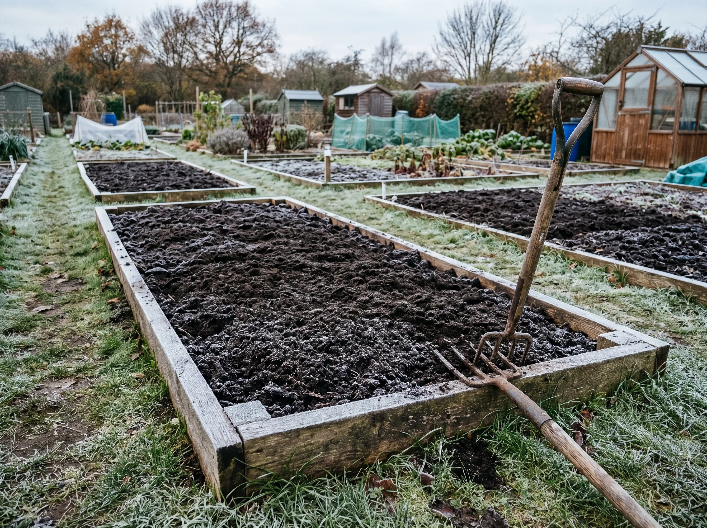 UK garden bed in late autumn covered with a thick layer of dark mature compost as mulch, fork resting at the edge, frost dusting on the surface, surrounding beds visible in the same state