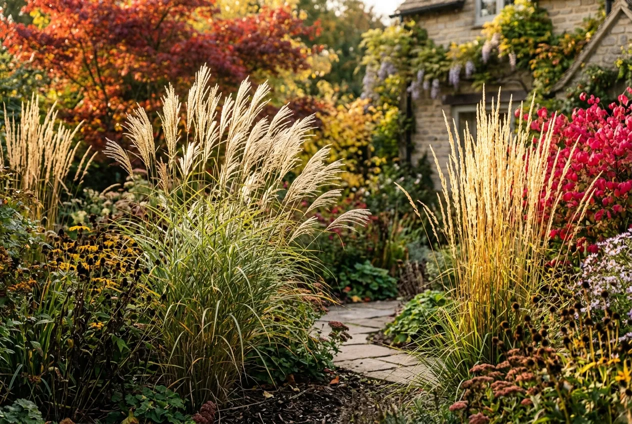 Autumn garden with year-round interest showing ornamental grasses and autumn foliage colours in a UK suburban setting