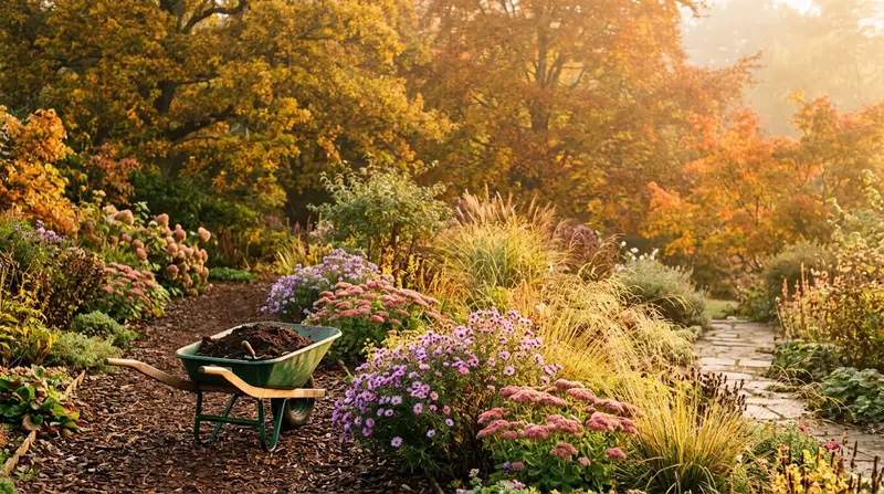 UK garden in autumn with golden leaves, planted borders, and a wheelbarrow of compost