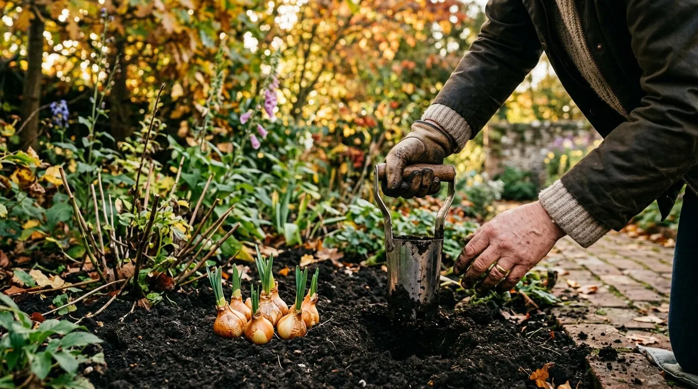 Hands planting daffodil bulbs into a prepared border with a bulb planter in an autumn garden