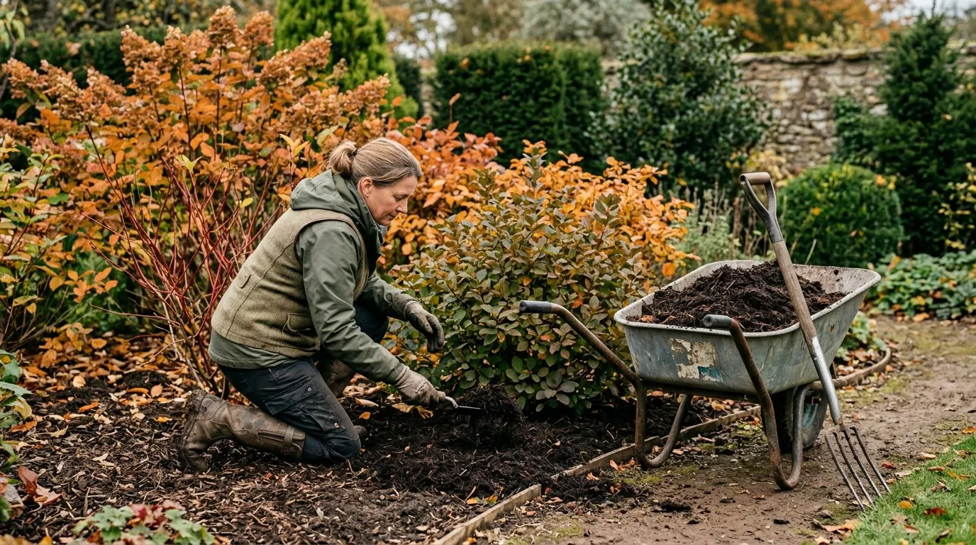 Gardener mulching a border with compost around established shrubs in an autumn garden