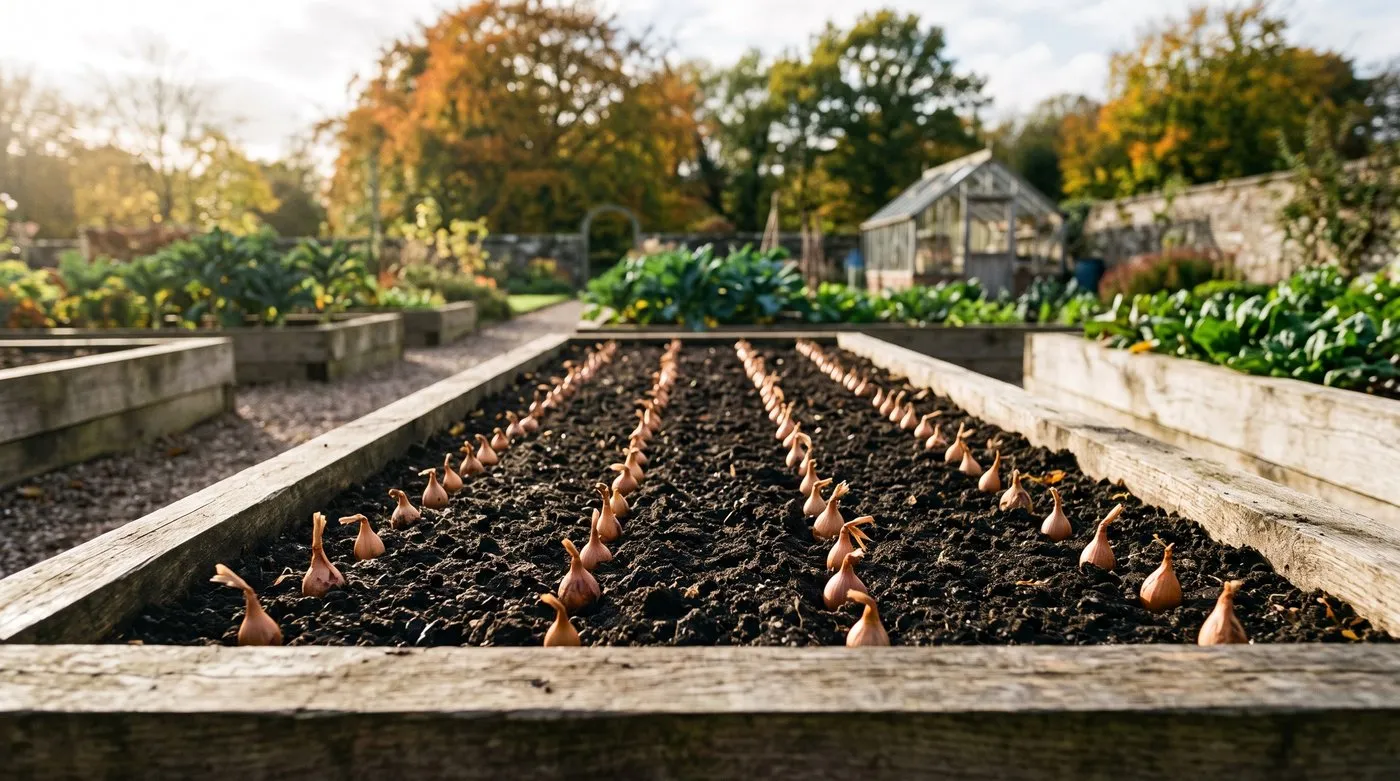 Rows of autumn onion sets pushed into a raised bed with tips just showing, a Staffordshire kitchen garden in October