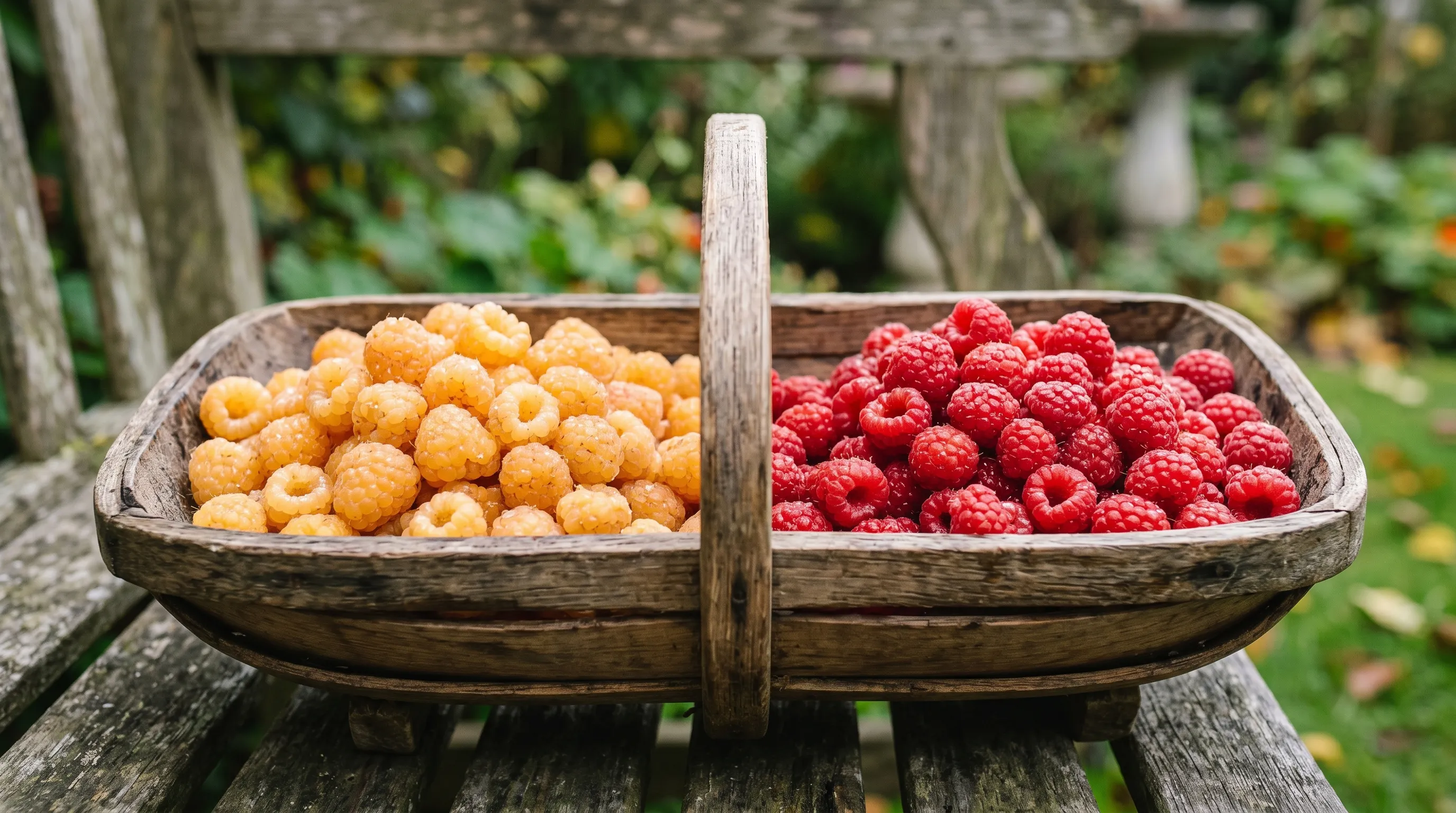 Diagnostic comparison of golden All Gold autumn raspberries beside bright red Polka raspberries in a harvest trug