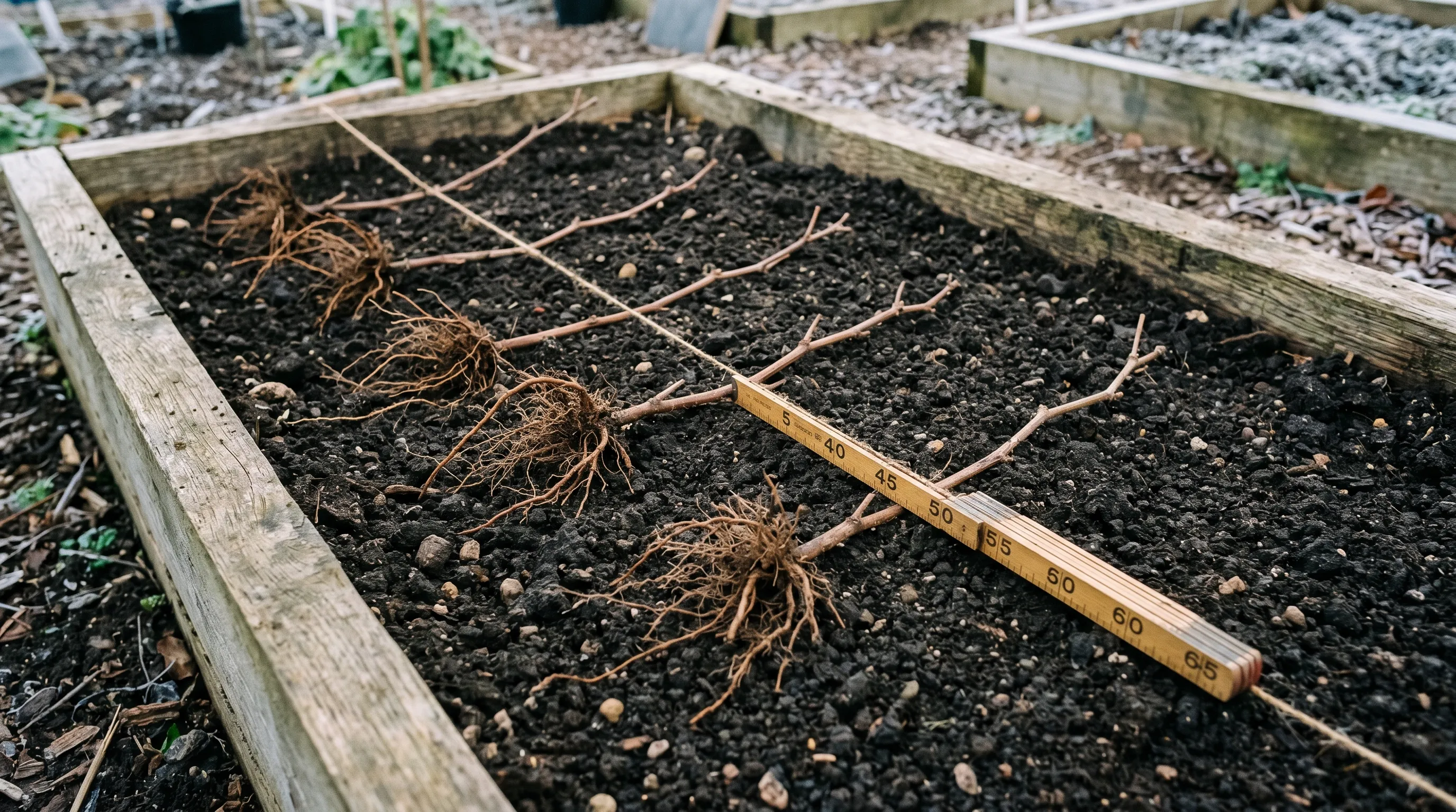 Bare-root autumn raspberry canes laid out on a raised bed with a planting line and measuring stick showing 45cm spacing