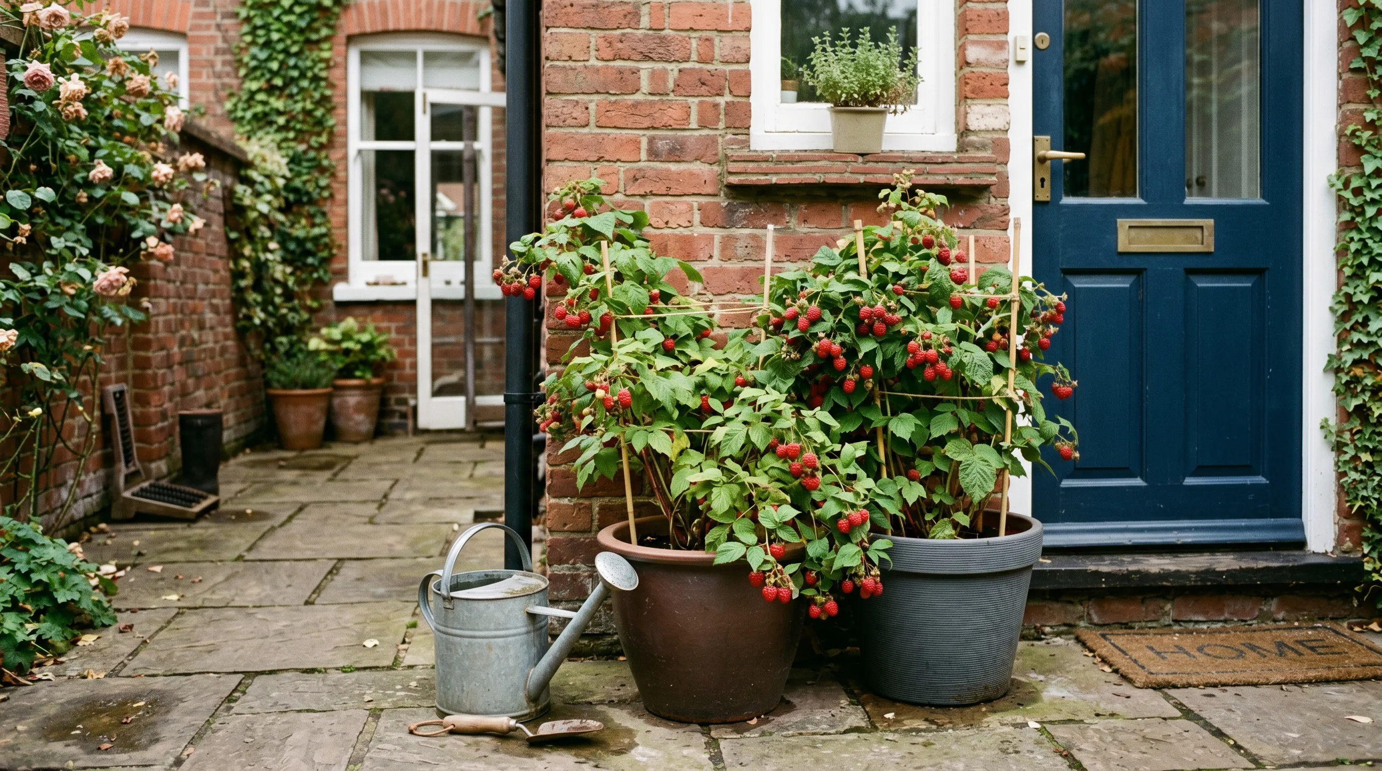 Two large patio containers of compact autumn raspberries in fruit on a paved courtyard beside a back door