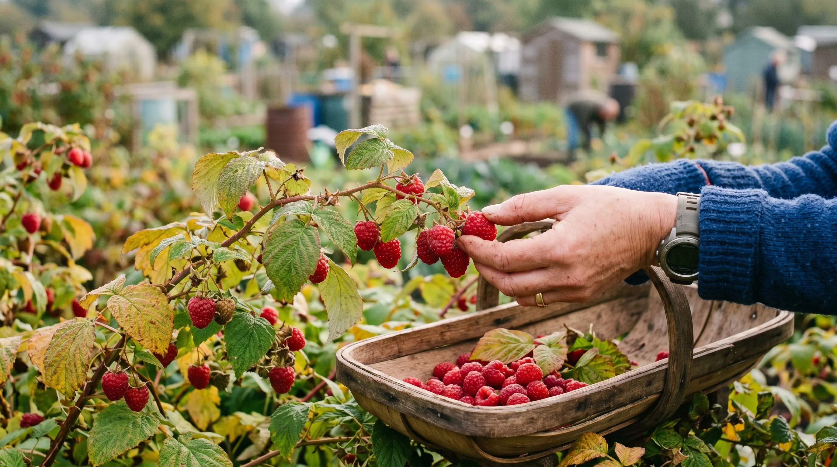 Hands picking ripe red autumn raspberries from a green this-season cane into a shallow trug on a UK allotment
